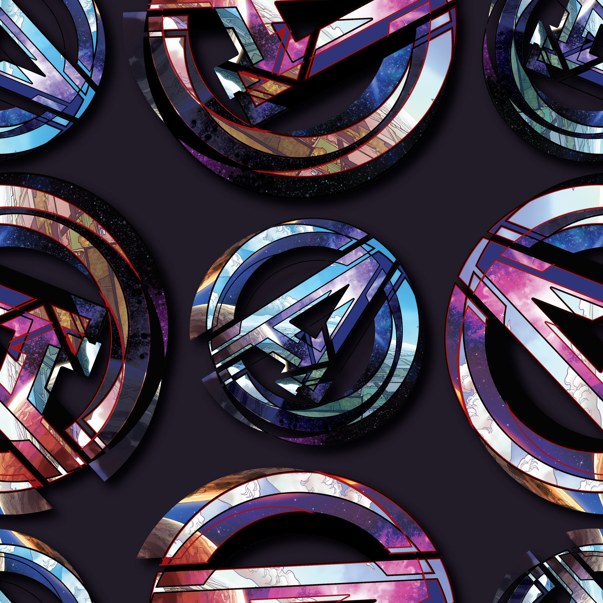 Colorful metallic Avengers logo pattern with iridescent purple and blue reflections on dark background tiled preview square