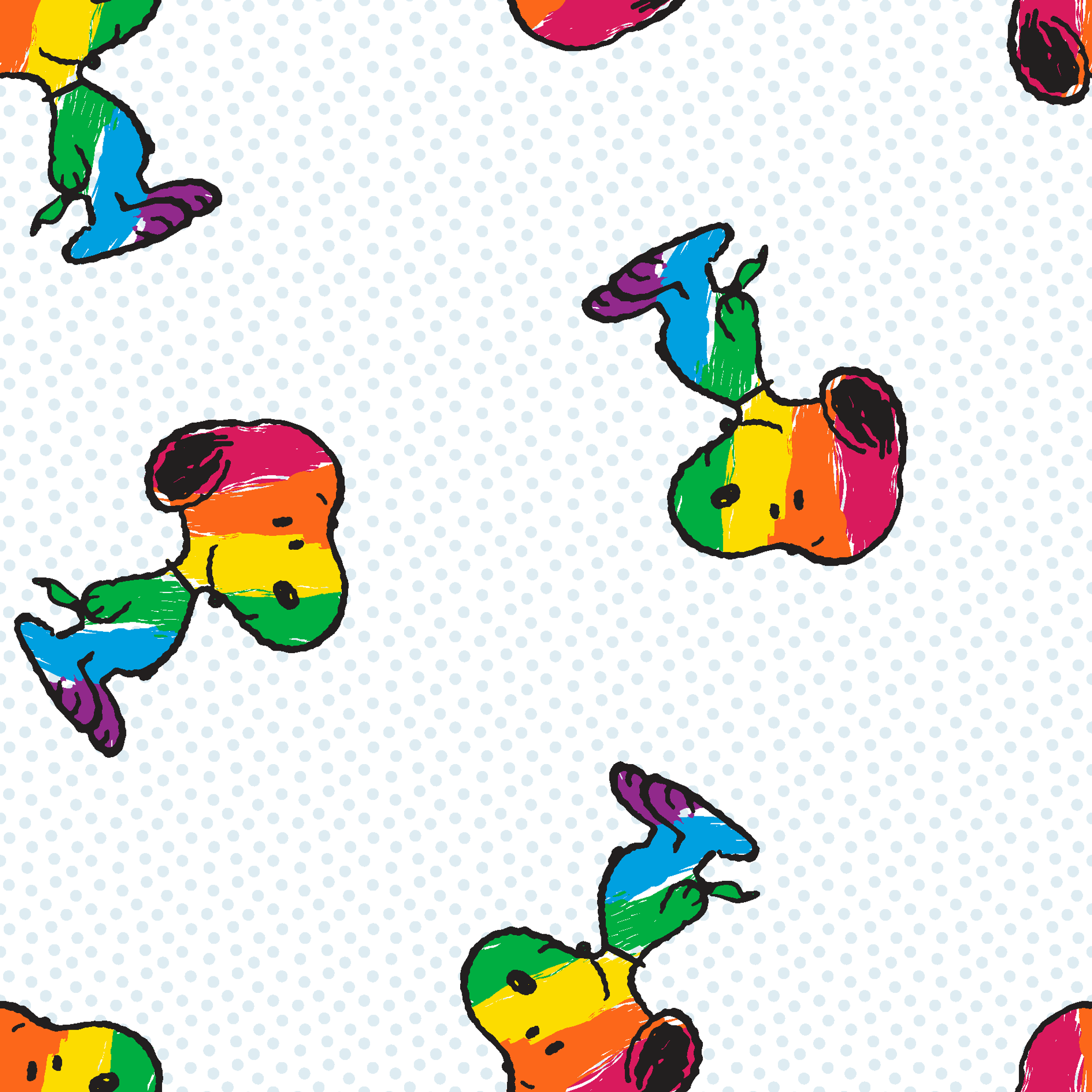 Colorful rainbow Snoopy in various poses on a dotted white background tiled preview square