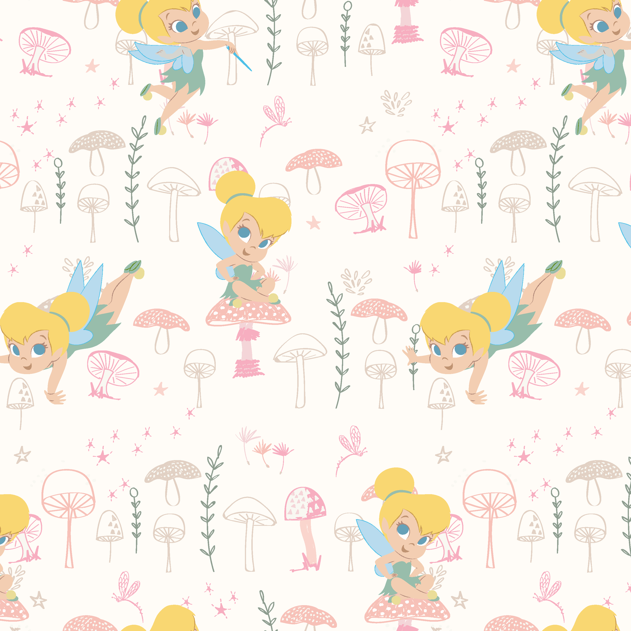 Whimsical pattern with cartoon fairy characters and pink mushrooms against a cream background tiled preview square