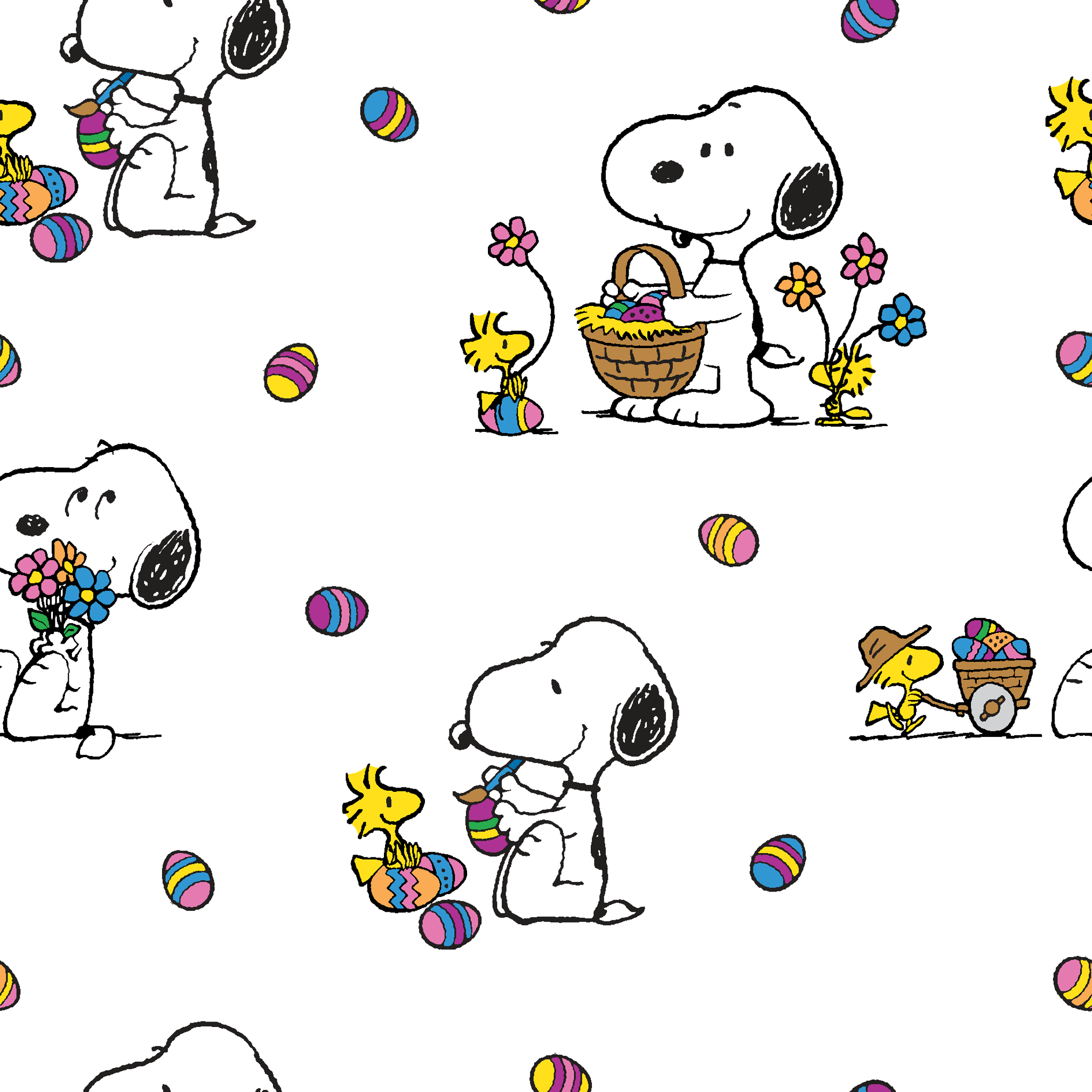 Cartoon pattern with Snoopy and Woodstock celebrating Easter with colorful eggs and baskets on white background tiled preview square