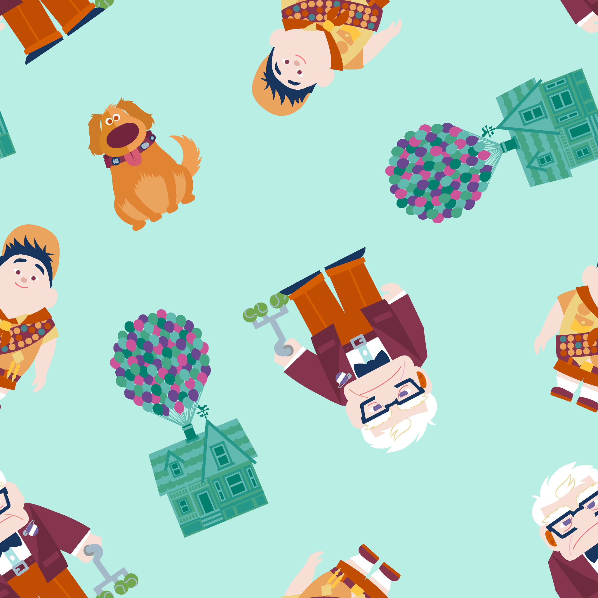 Cartoon pattern on mint background featuring characters from Pixar's "Up" with balloons, houses, and colorful elements tiled preview square