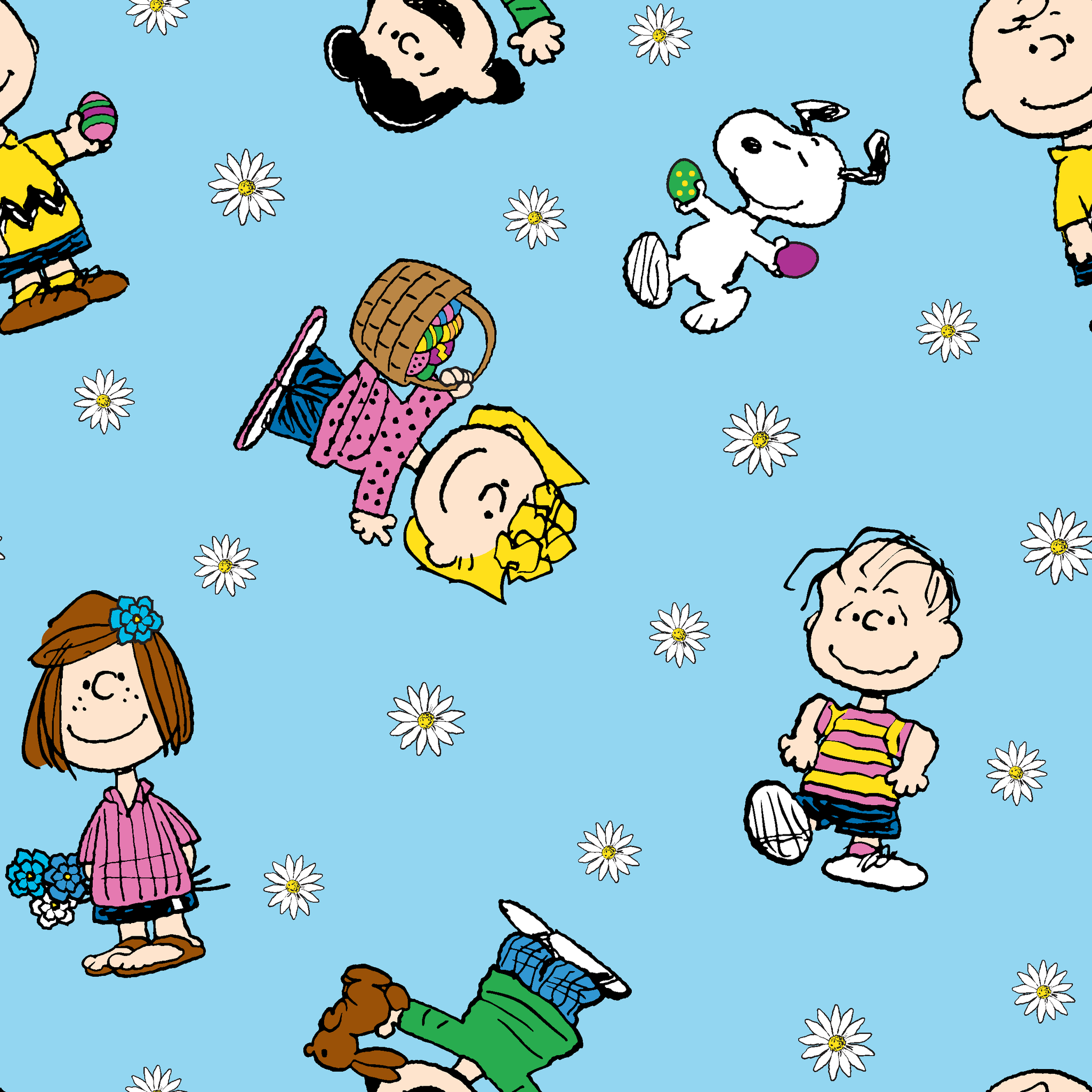 Peanuts cartoon characters scattered on light blue background with white daisies pattern tiled preview square