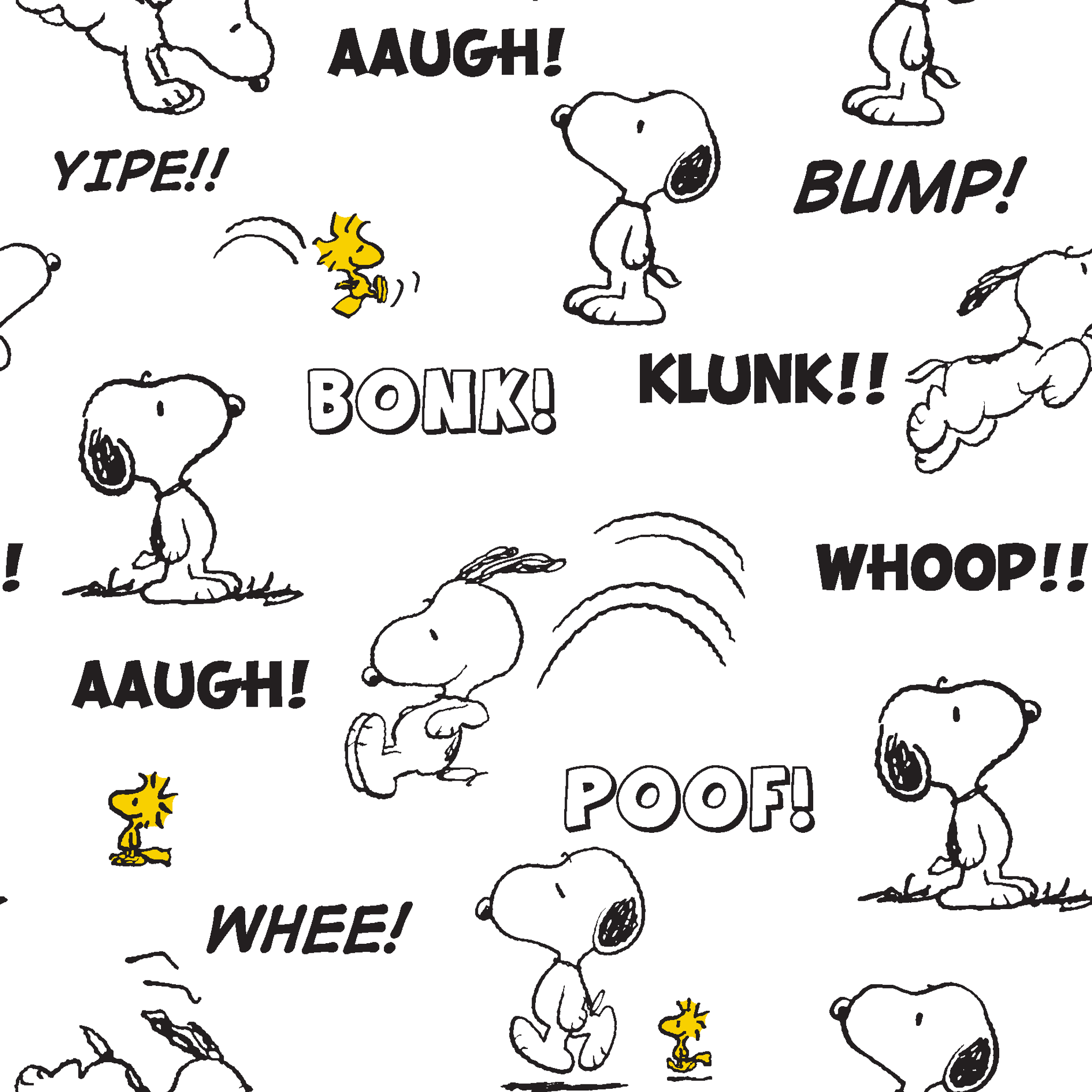 Comic-style pattern of Snoopy and Woodstock with sound effect words like "BONK!", "KLUNK!" and "BUMP!" in black and white. tiled preview square