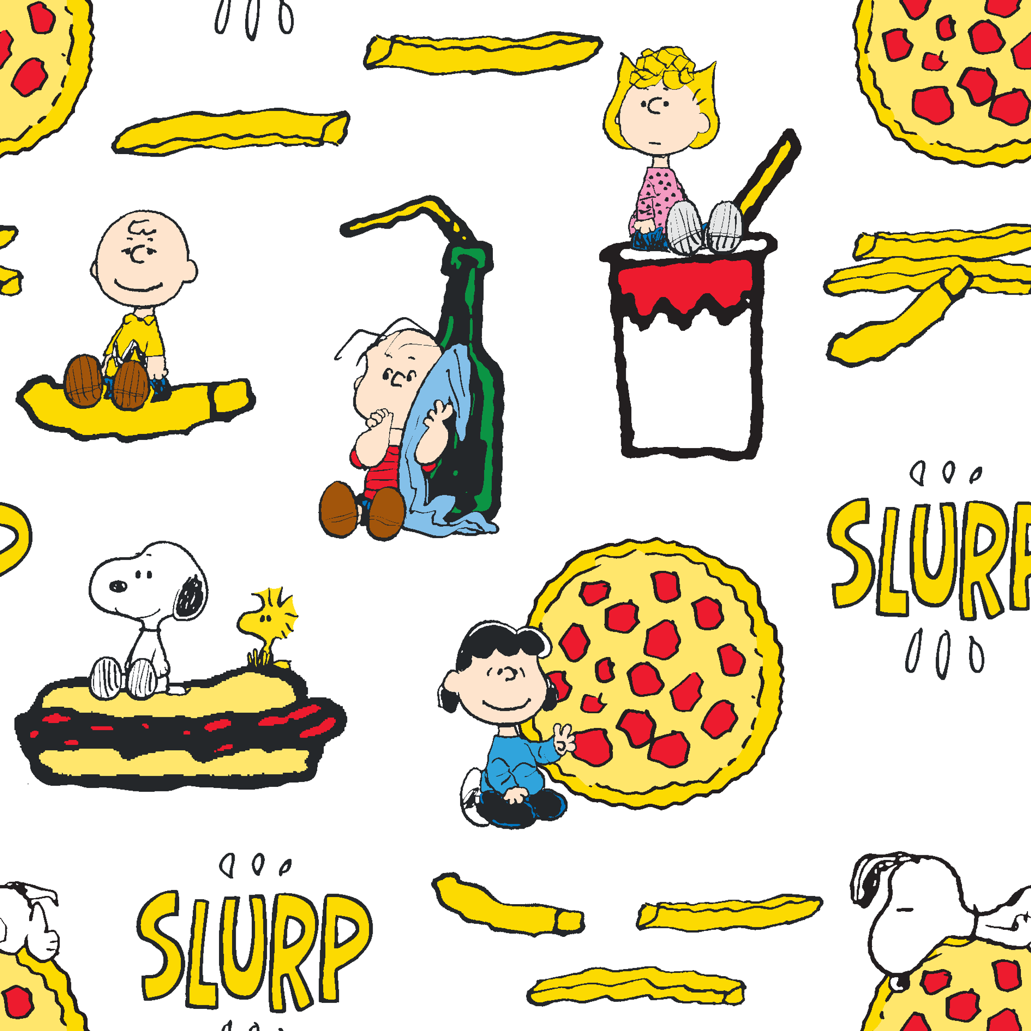 Peanuts cartoon characters with pizza, hot dogs, and "SLURP" text in a repeating pattern tiled preview square