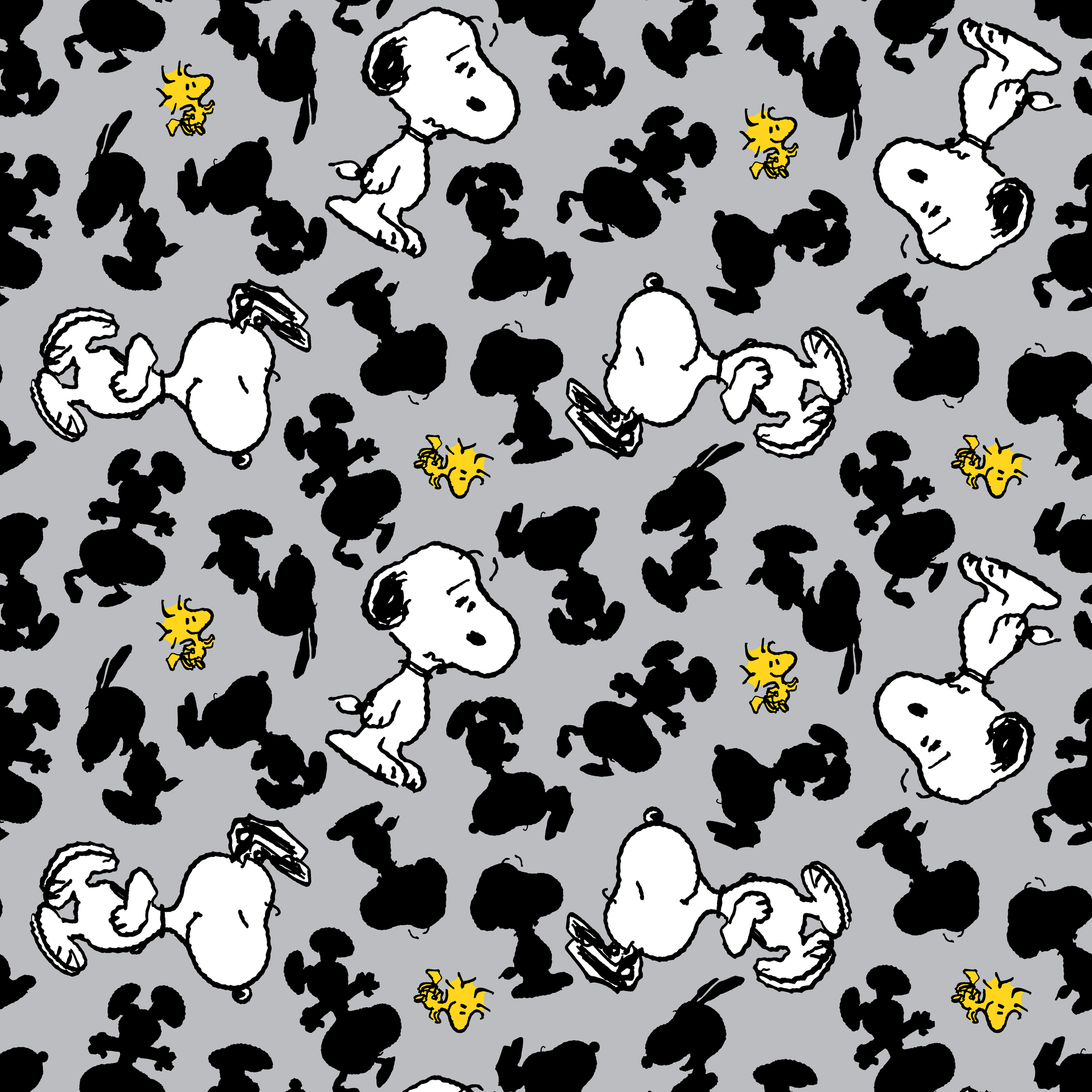 Pattern of Snoopy and Woodstock on gray background with black silhouettes tiled preview square