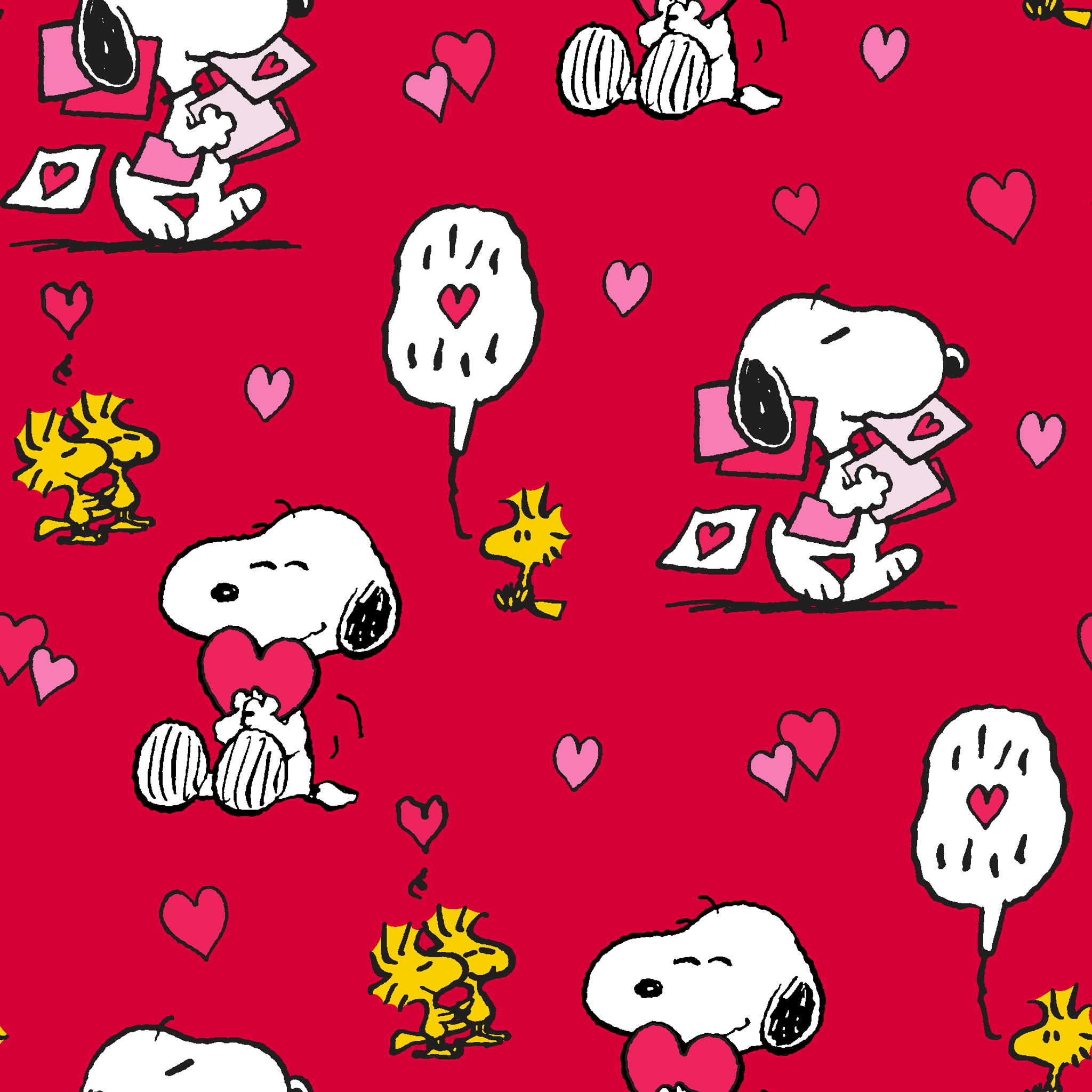 Snoopy and Woodstock pattern with hearts on bright red background, Valentine's theme tiled preview square