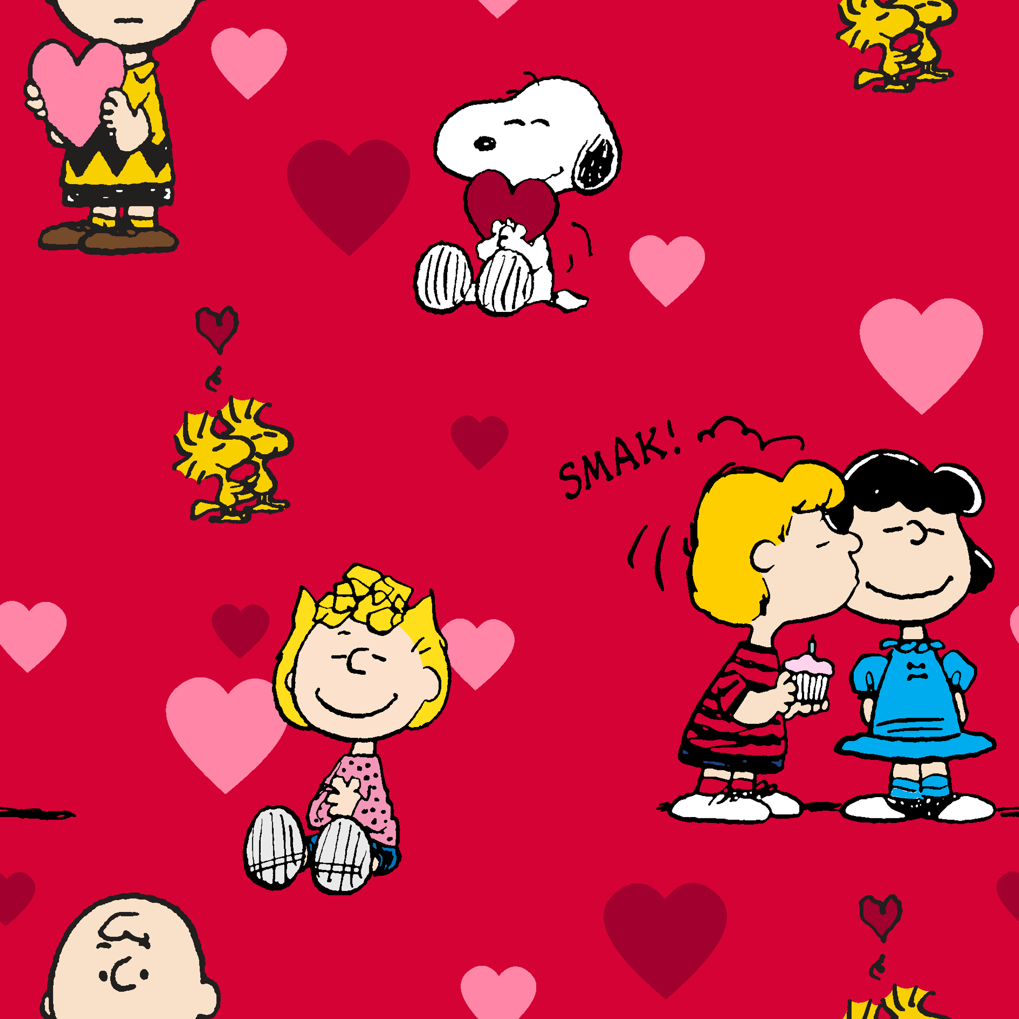 Peanuts characters on red background with hearts; Snoopy, Woodstock, and others in Valentine's theme tiled preview square