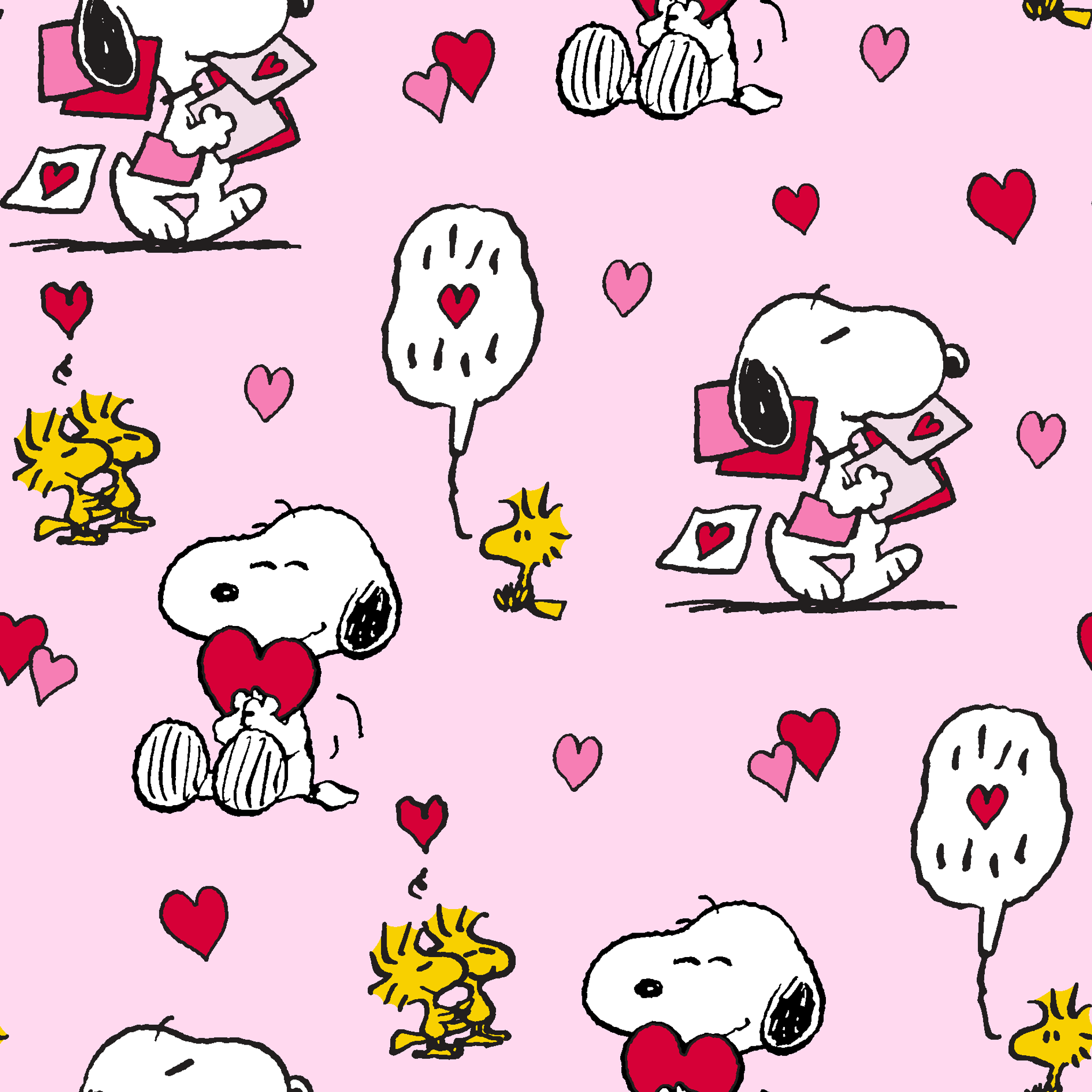 Valentine's pattern with Snoopy, Woodstock, and hearts on pink background, featuring love letters and speech bubbles. tiled preview square