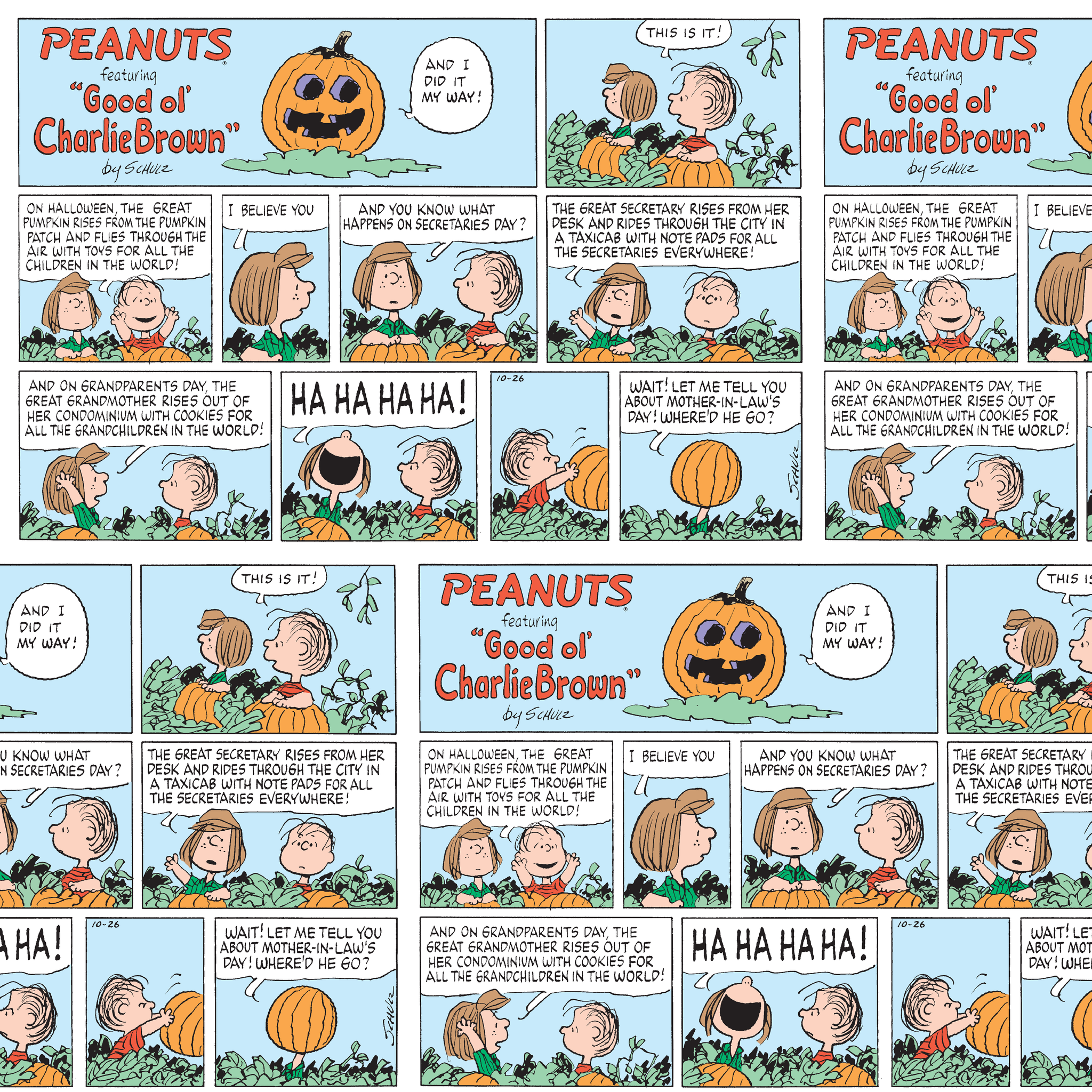 Peanuts comic strip featuring "Great Pumpkin" Halloween storyline with cartoon children and jack-o'-lantern imagery across multiple panels. tiled preview square