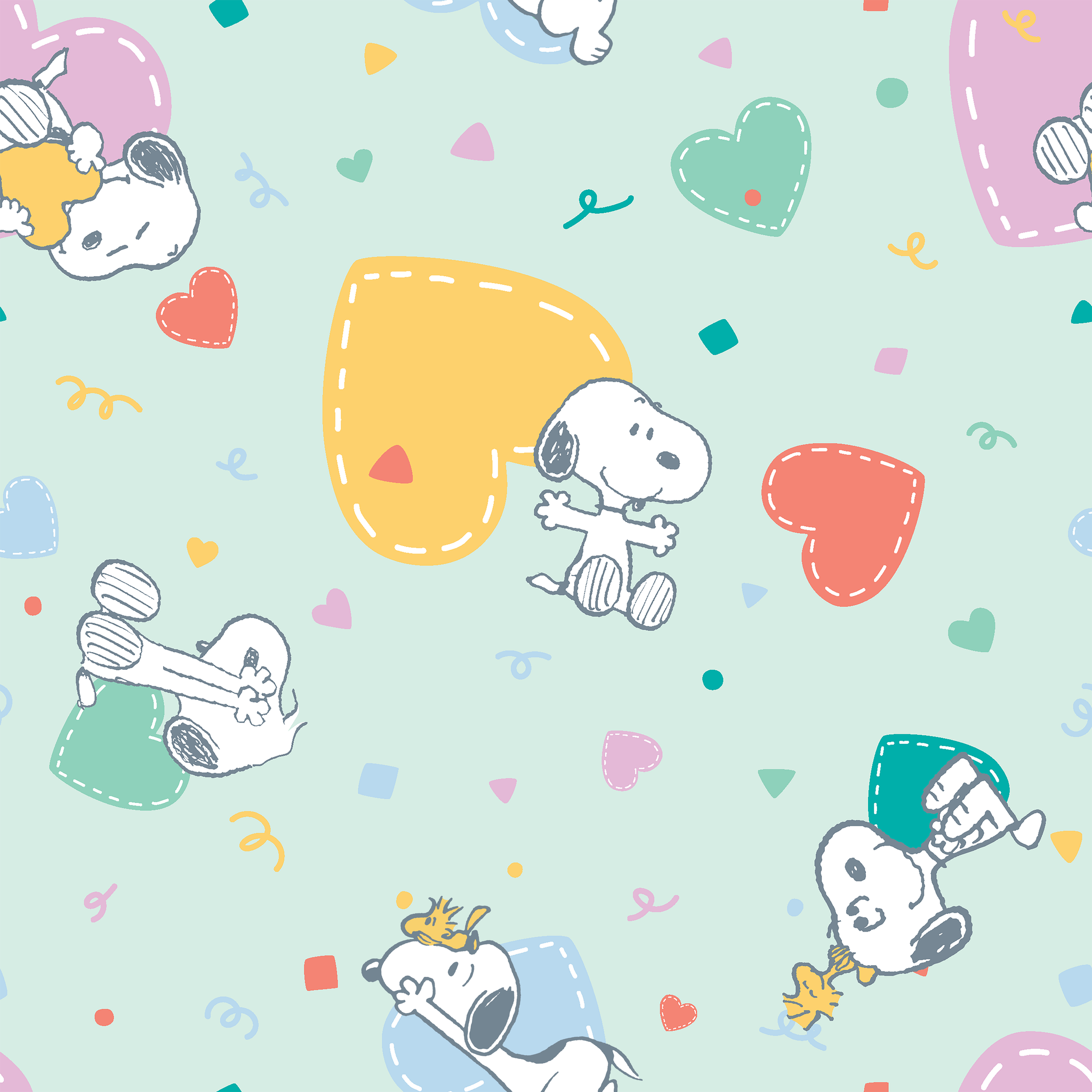 Cartoon Snoopy pattern with colorful hearts on mint green background, featuring different Snoopy poses tiled preview square