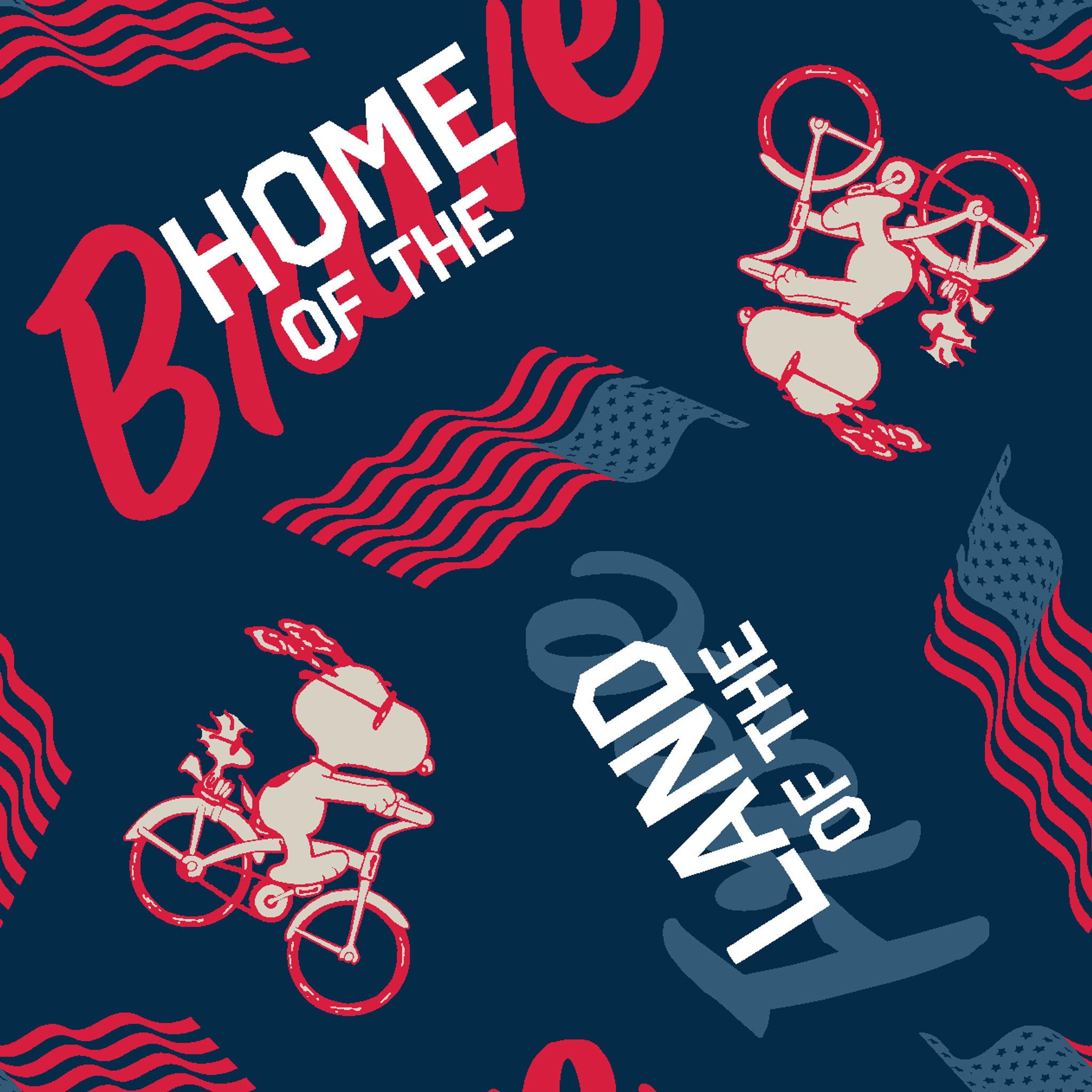 Repeating Peanuts "Home of the Brave" text pattern with bicycles on navy blue background with red wavy lines tiled preview square