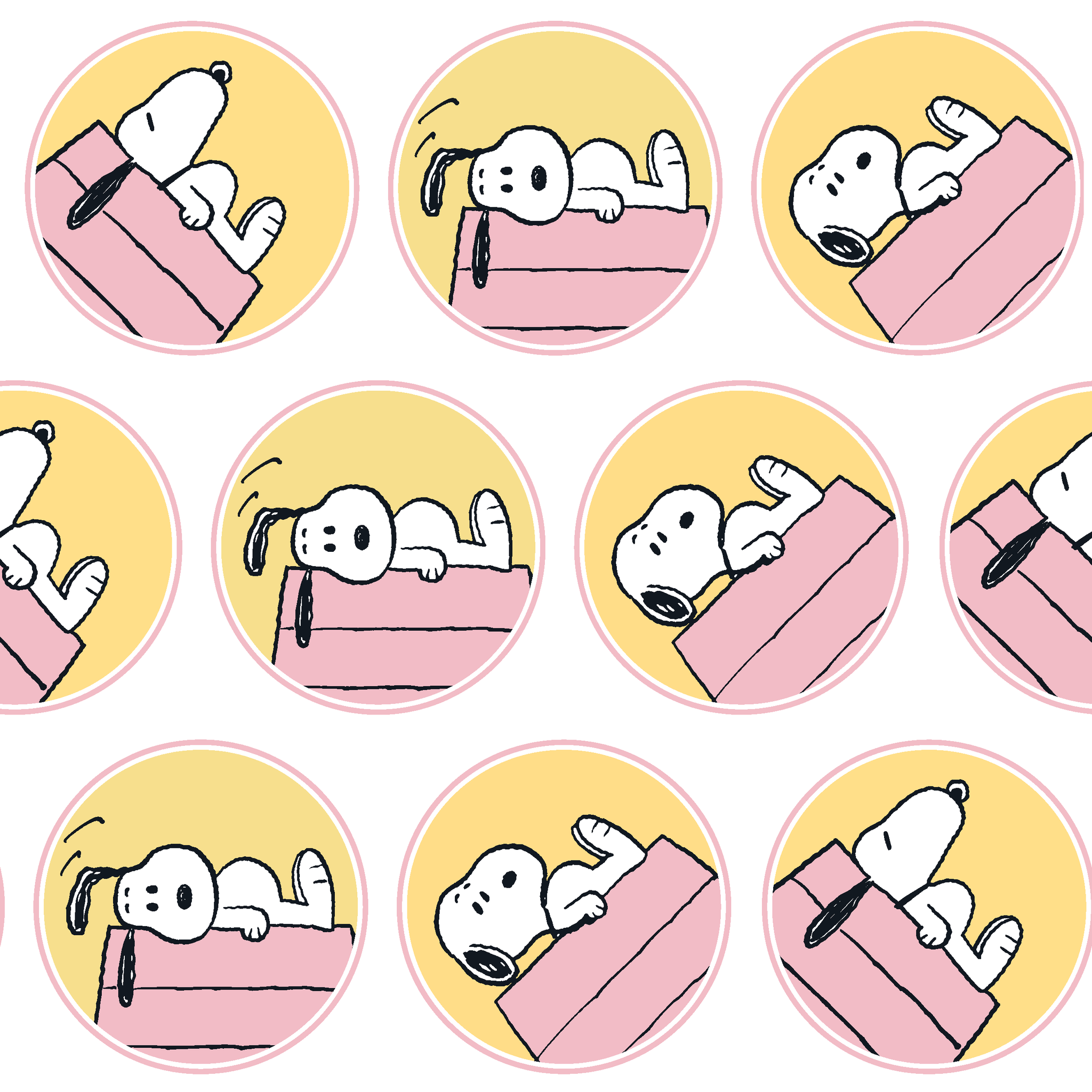 Snoopy lounging on pink doghouse roof in various poses, arranged in circular yellow frames tiled preview square
