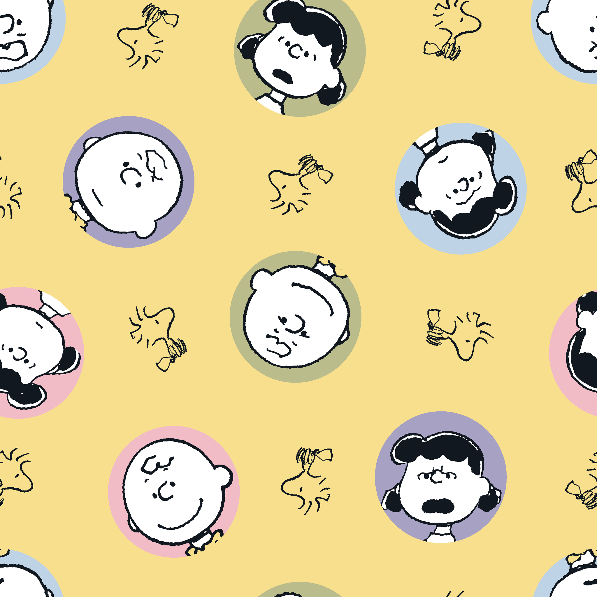 Peanuts characters pattern with Charlie Brown and friends in circular frames on yellow background with Woodstock silhouettes tiled preview square