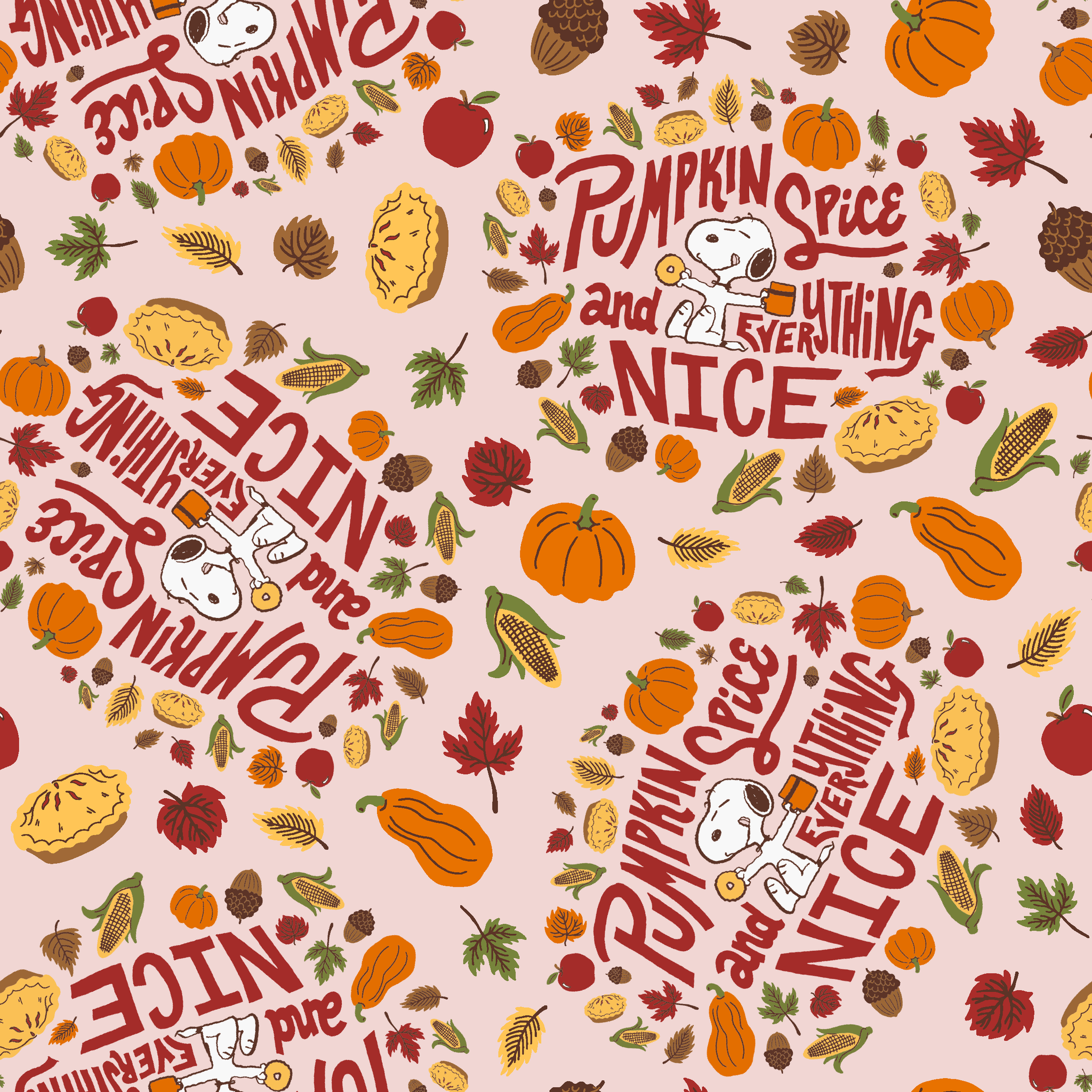 Fall Peanuts pattern with pumpkin spice phrases, autumn leaves, pumpkins, pine cones and Snoopy characters on a beige background tiled preview square