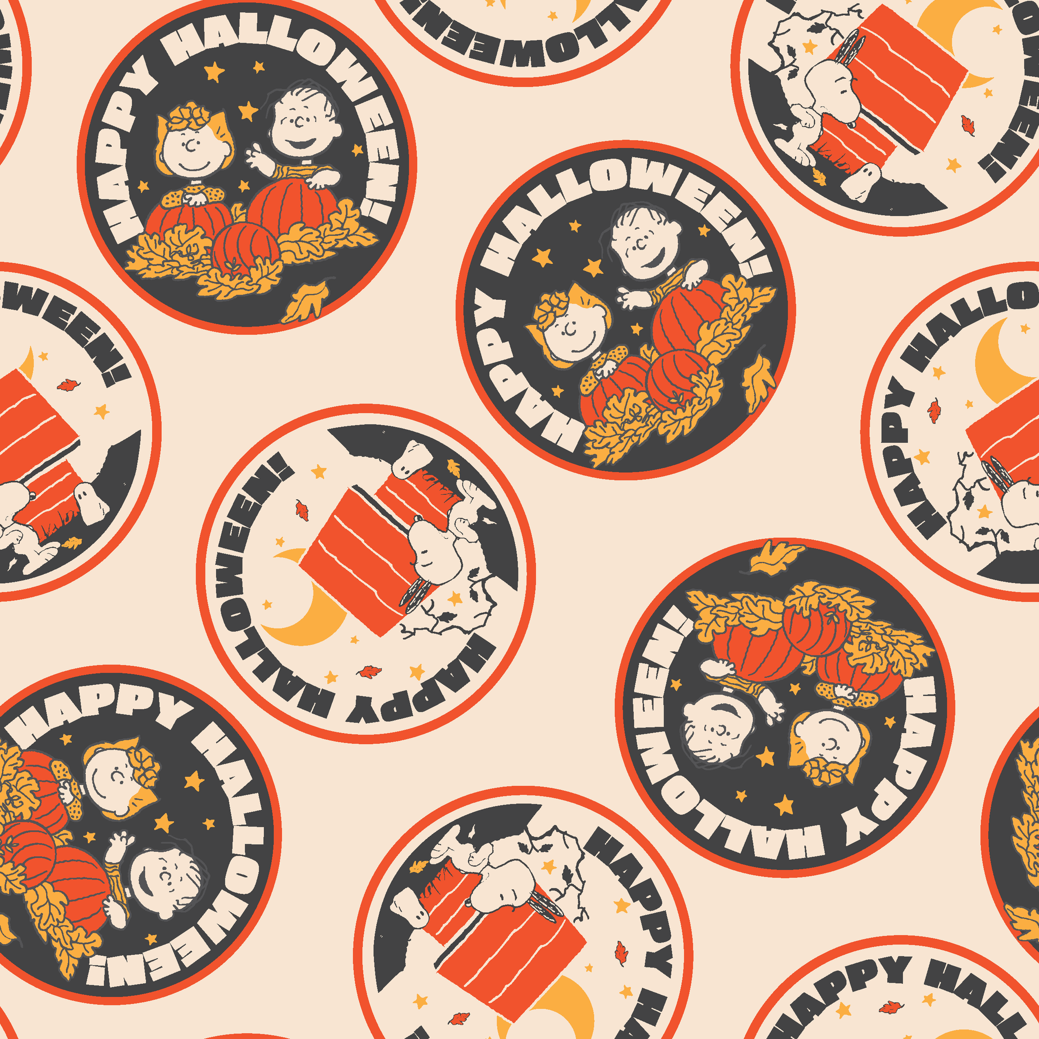 Peanuts Halloween pattern with circular badges featuring characters and "Happy Halloween" text on beige background tiled preview square