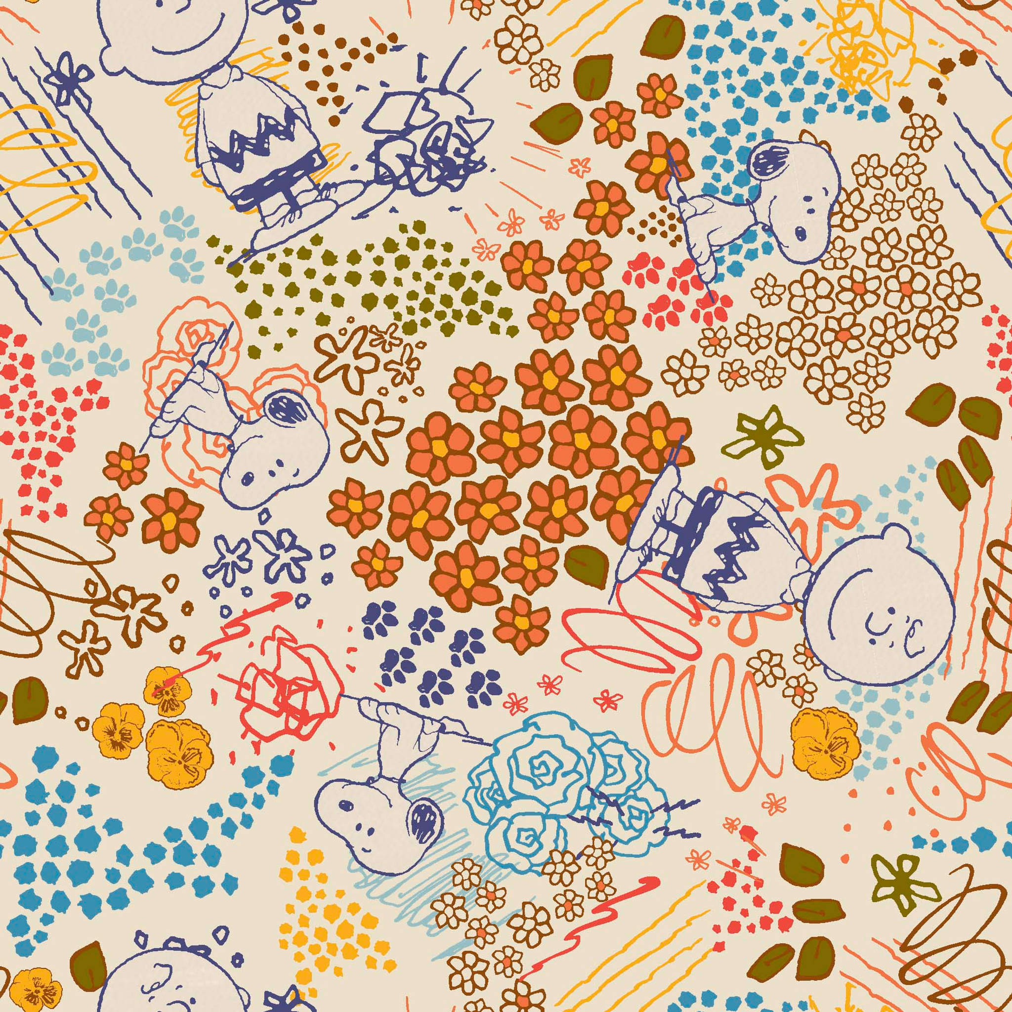 Colorful pattern with Peanuts characters sketches, floral designs, and dots in orange, blue, yellow, and green on a cream background tiled preview square