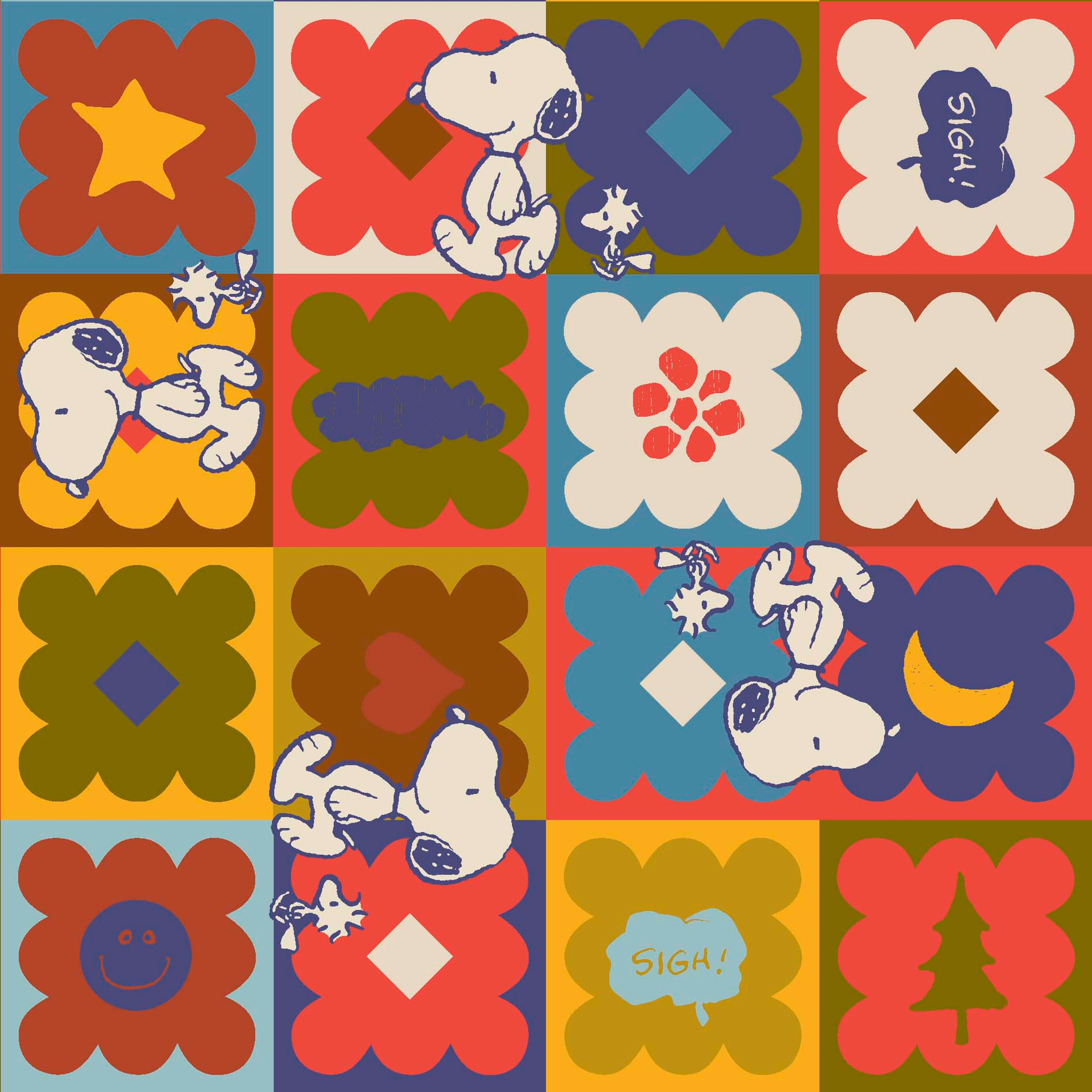 Colorful patchwork pattern featuring Snoopy characters in various squares with flowers, geometric shapes, and decorative elements tiled preview square