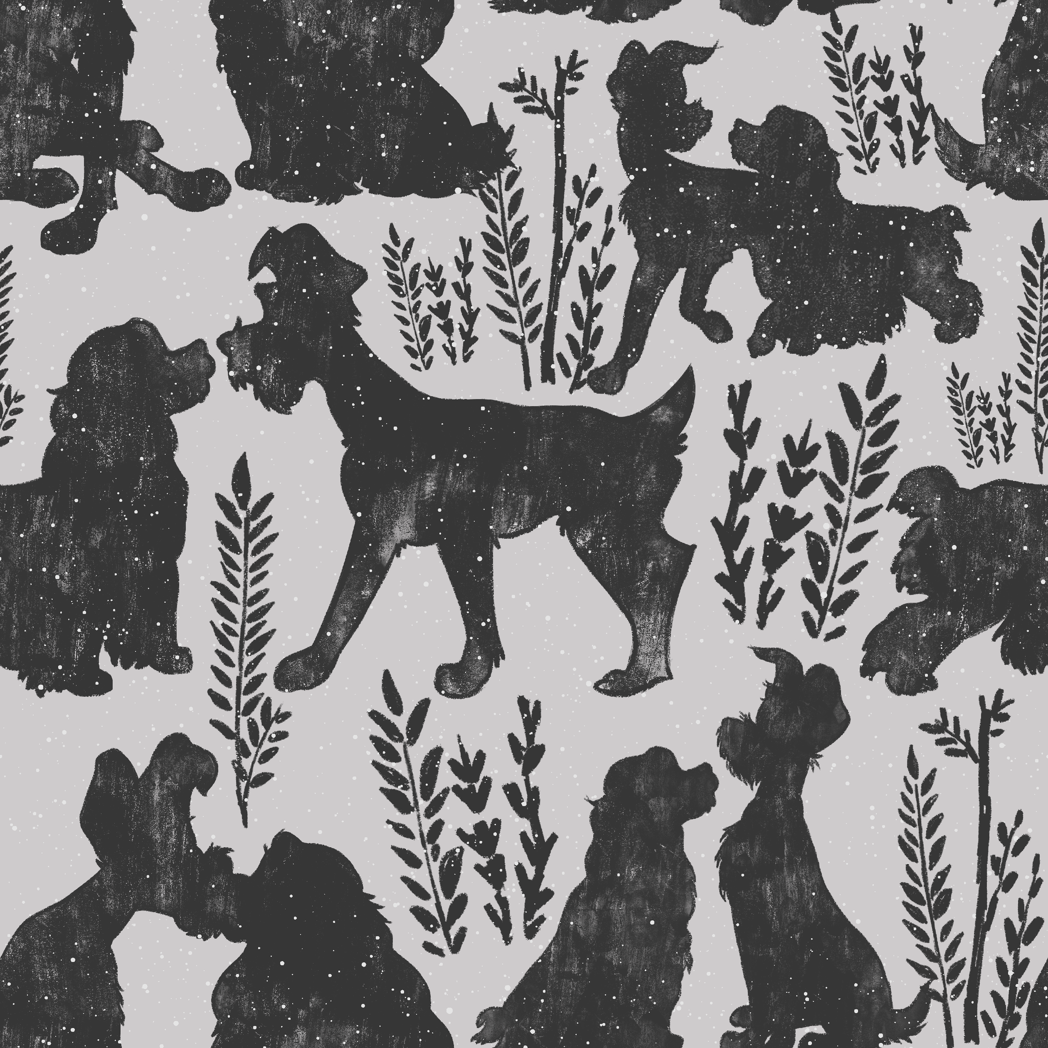 Repeating pattern of black dog silhouettes with decorative plant motifs on a light gray background tiled preview square