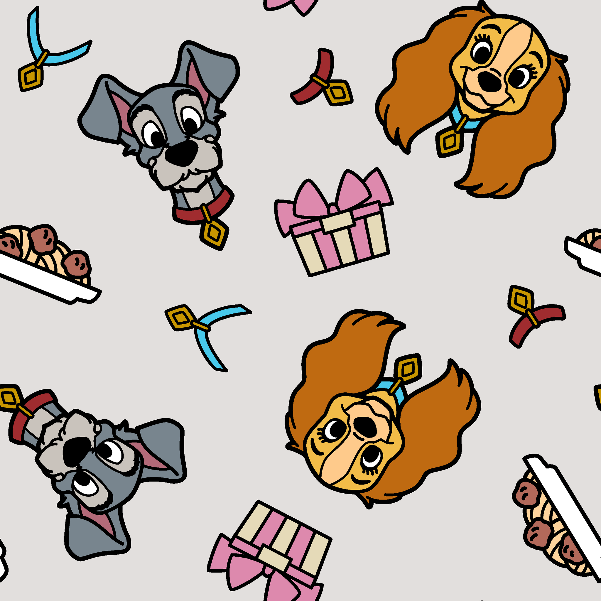 Cartoon pattern featuring Lady and Tramp dogs, gift boxes, bones, and ribbons on light gray background tiled preview square