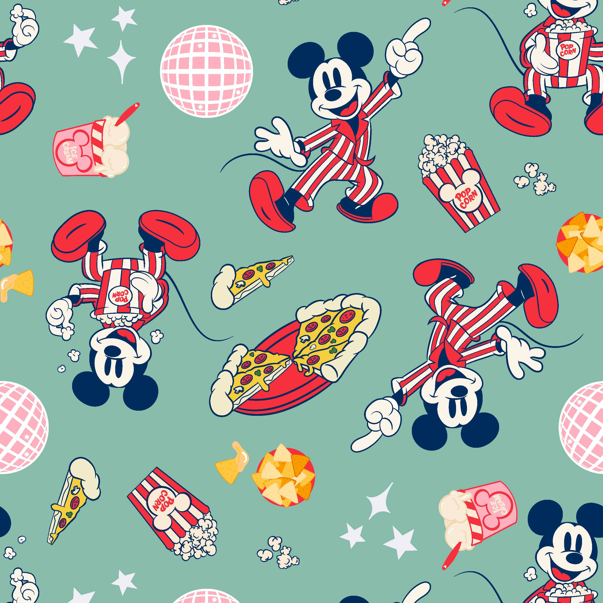Mickey Mouse in red striped outfits with disco balls, pizza, popcorn, and snacks on mint green background. tiled preview square