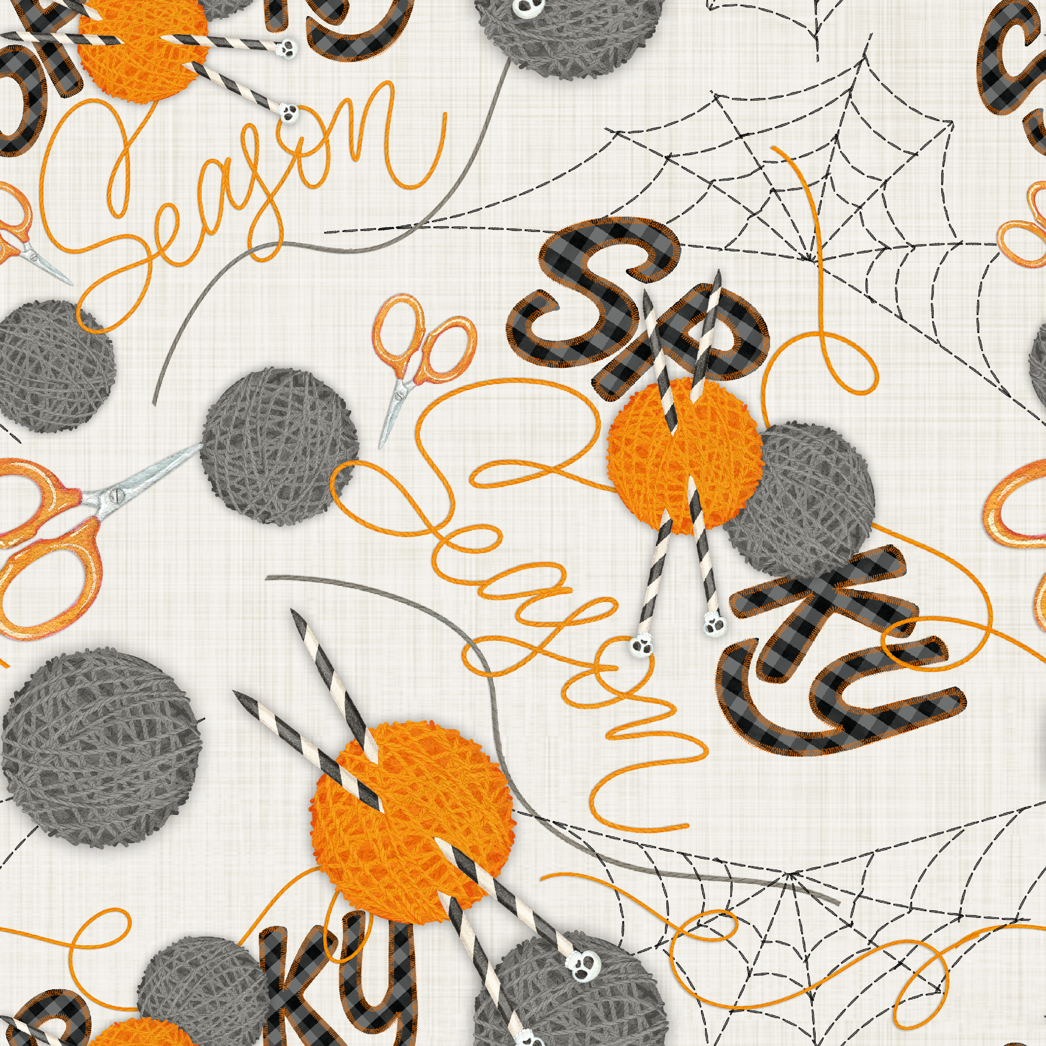 Halloween design by Nicole Tamarin featuring orange and gray yarn balls, scissors, spiderwebs, and “Spooky Season” lettering on a cream background. tiled preview square