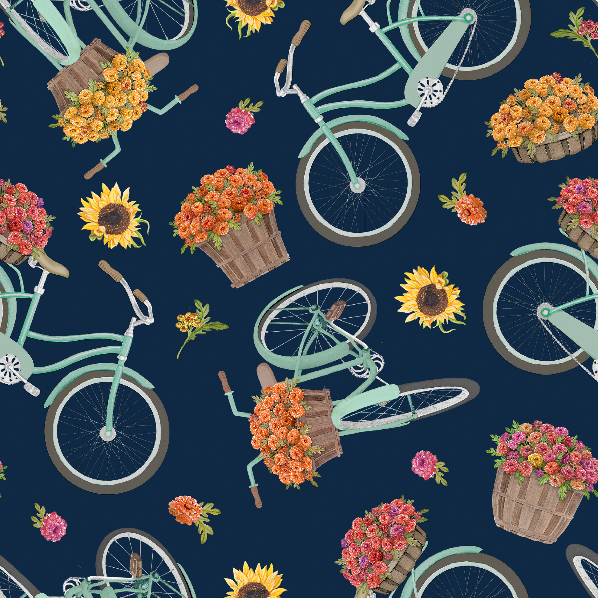 Teal vintage bikes with baskets of fall flowers on a navy background, inspired by cozy fall market scenes. tiled preview square