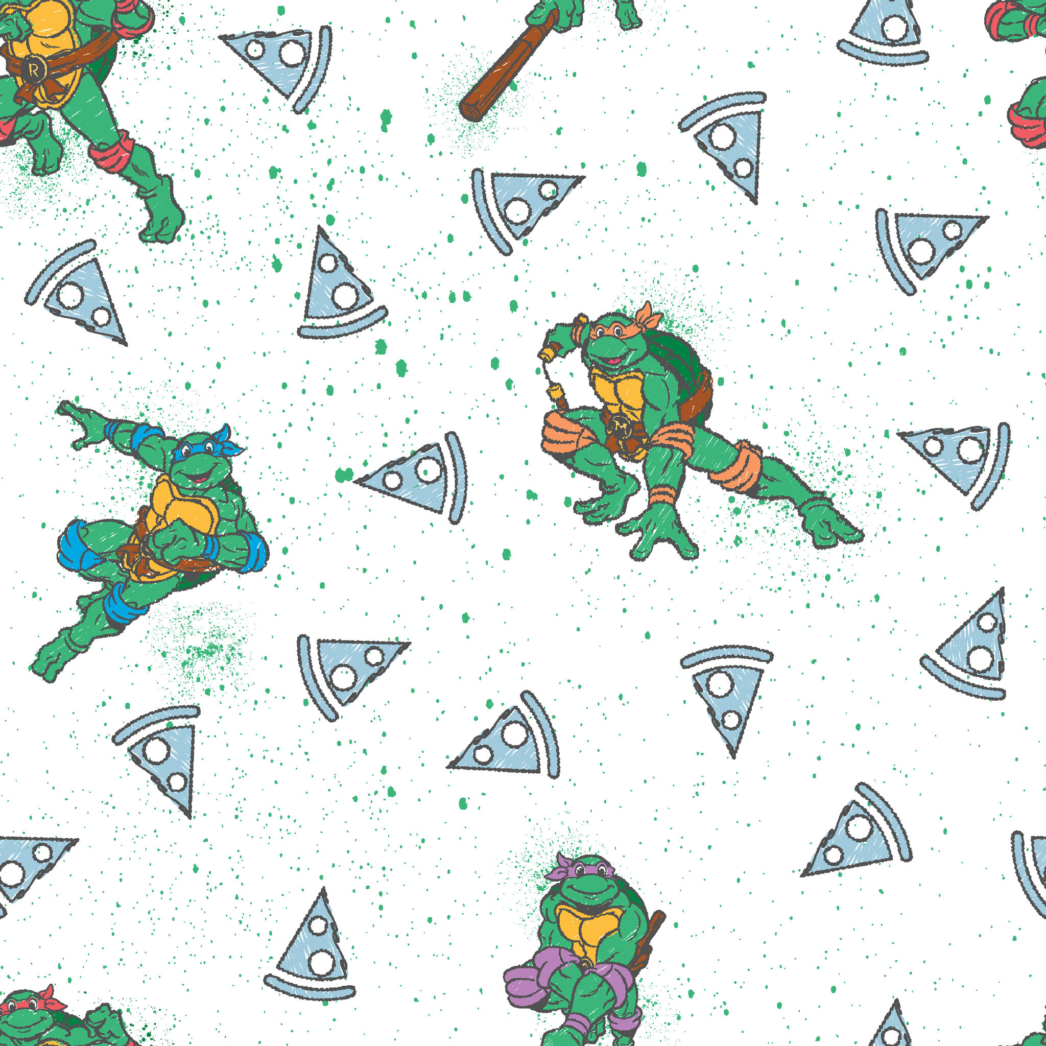 Teenage Mutant Ninja Turtles in action poses scattered among pizza slices on white speckled background tiled preview square