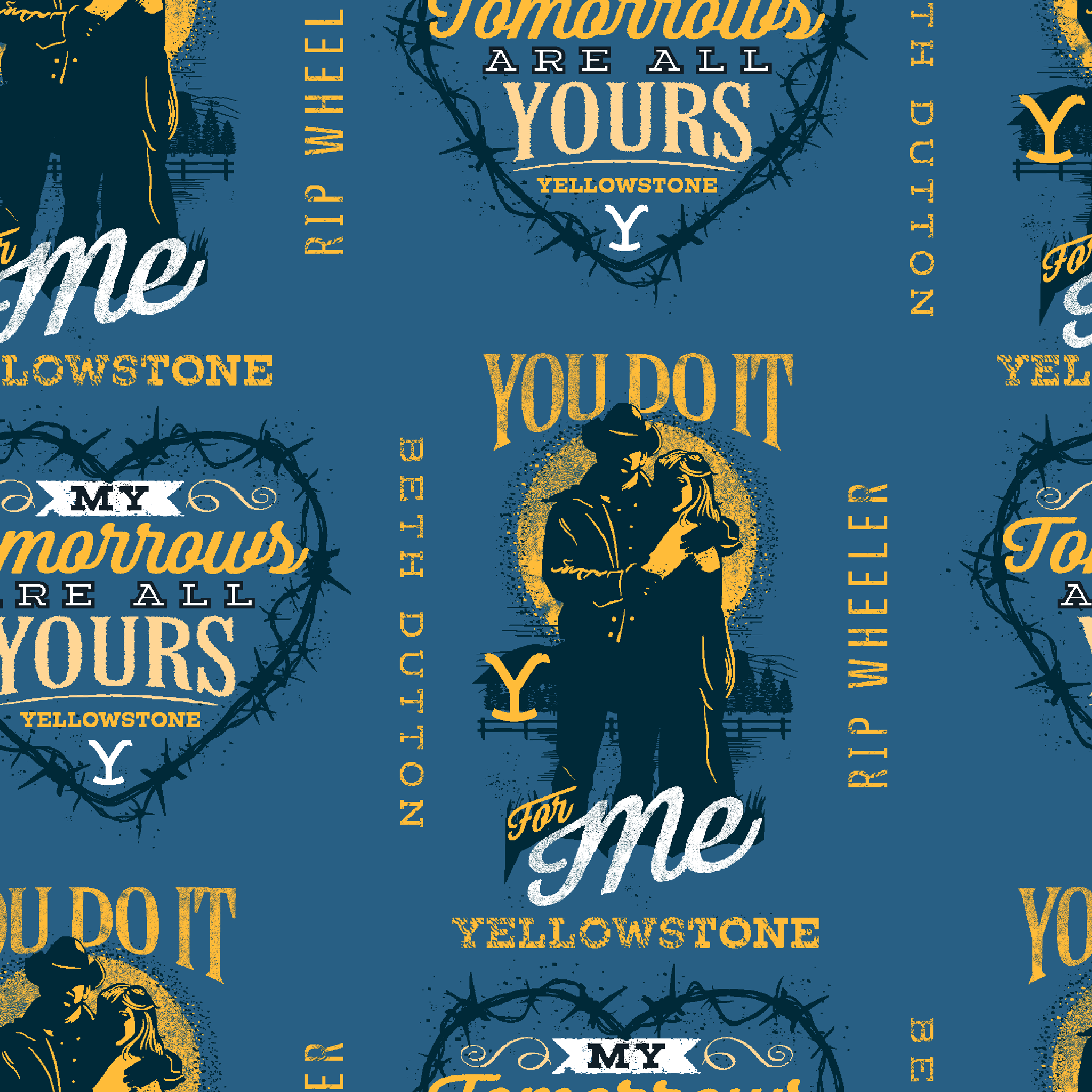 Denim blue fabric with Beth and Rip silhouettes, romantic Yellowstone quotes, and Western-style lettering in mustard and white. tiled preview square