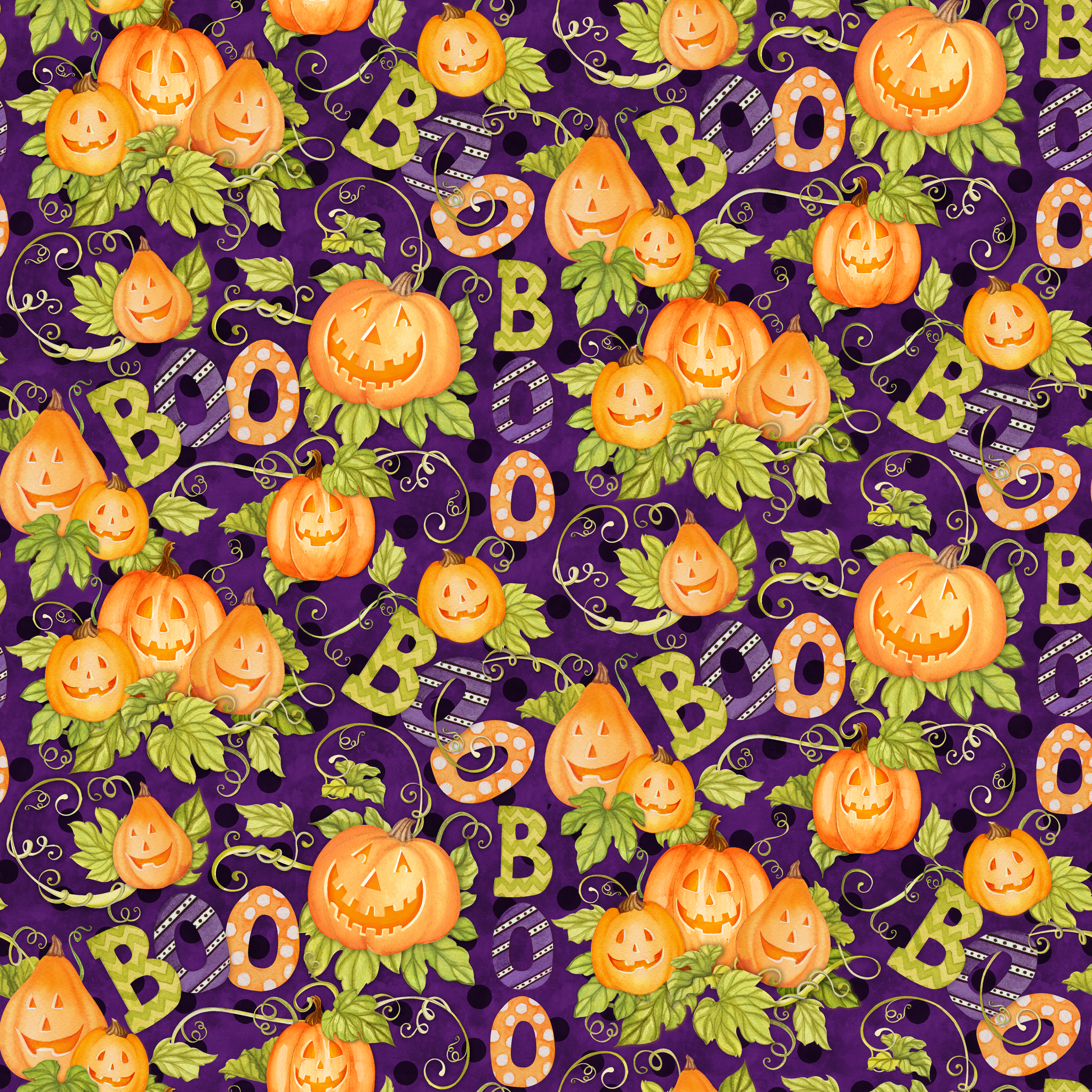 Halloween fabric by Nicole Tamarin with smiling jack-o’-lanterns, “BOO” text, vines, and leaves on a purple background. tiled preview square
