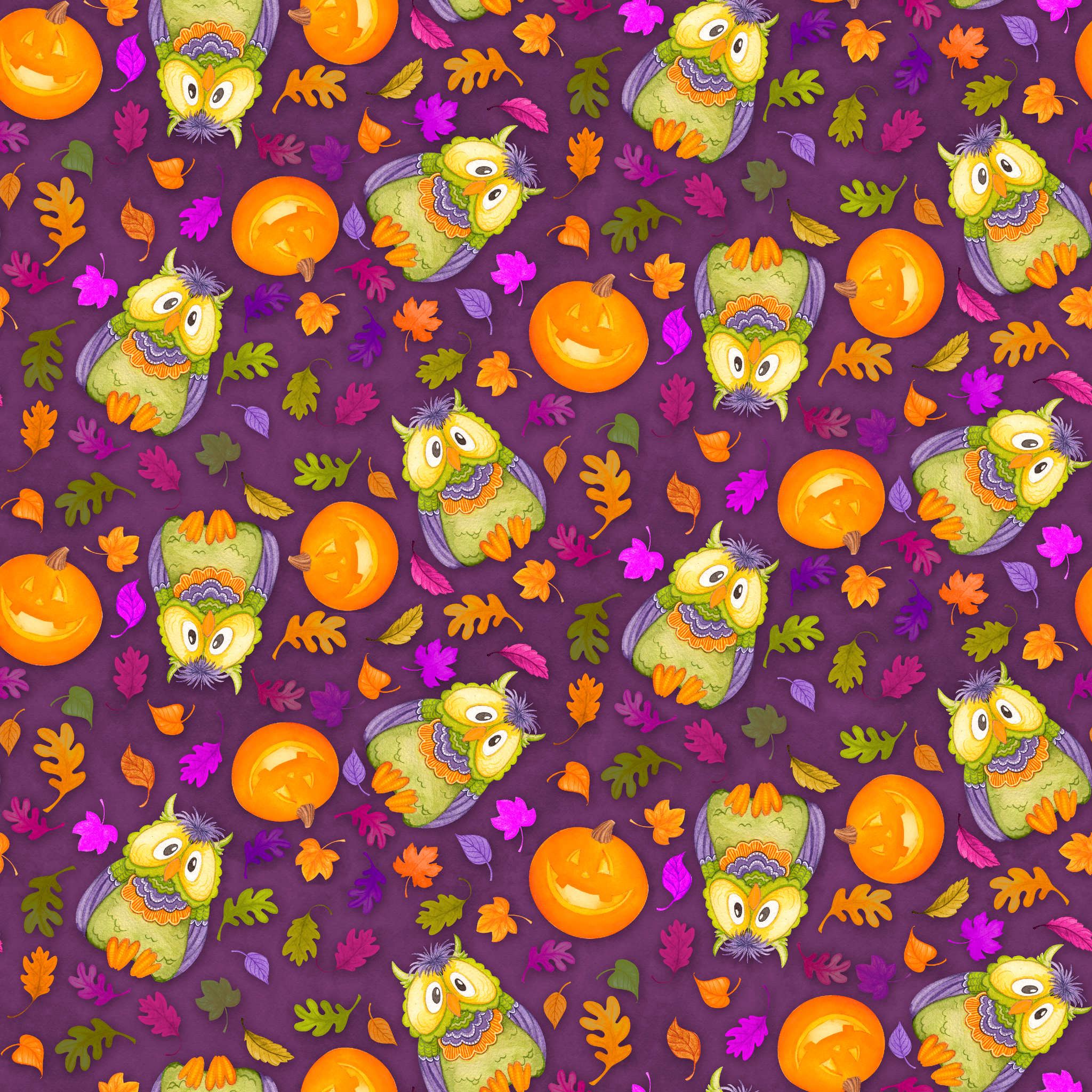 Halloween fabric by Nicole Tamarin featuring cartoon owls in costume, jack-o’-lanterns, and colorful fall leaves on a purple background. tiled preview square