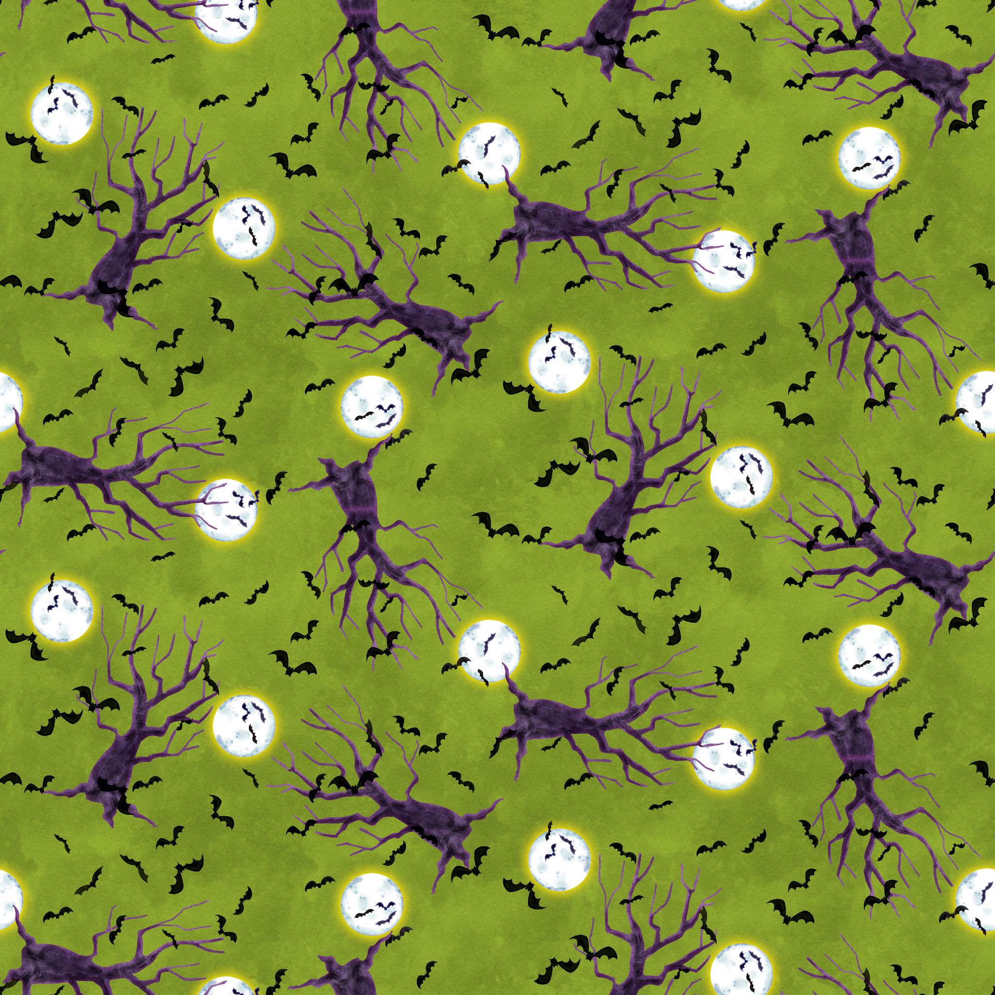 Halloween fabric design with purple haunted trees, bats, and glowing moons on a green background, illustrated by Nicole Tamarin. tiled preview square