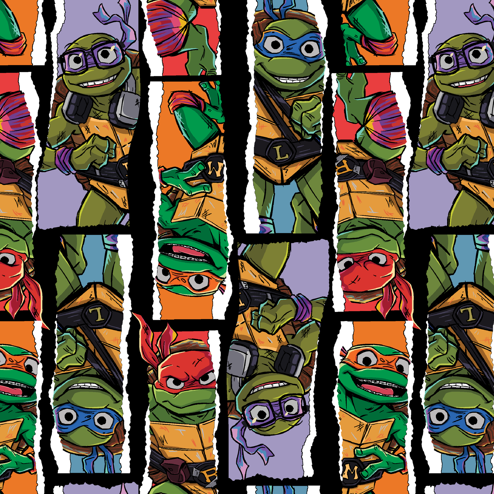 Teenage Mutant Ninja Turtles torn panel design with Leonardo, Donatello, Michelangelo, and Raphael in colorful comic-style art by Nickelodeon. tiled preview square