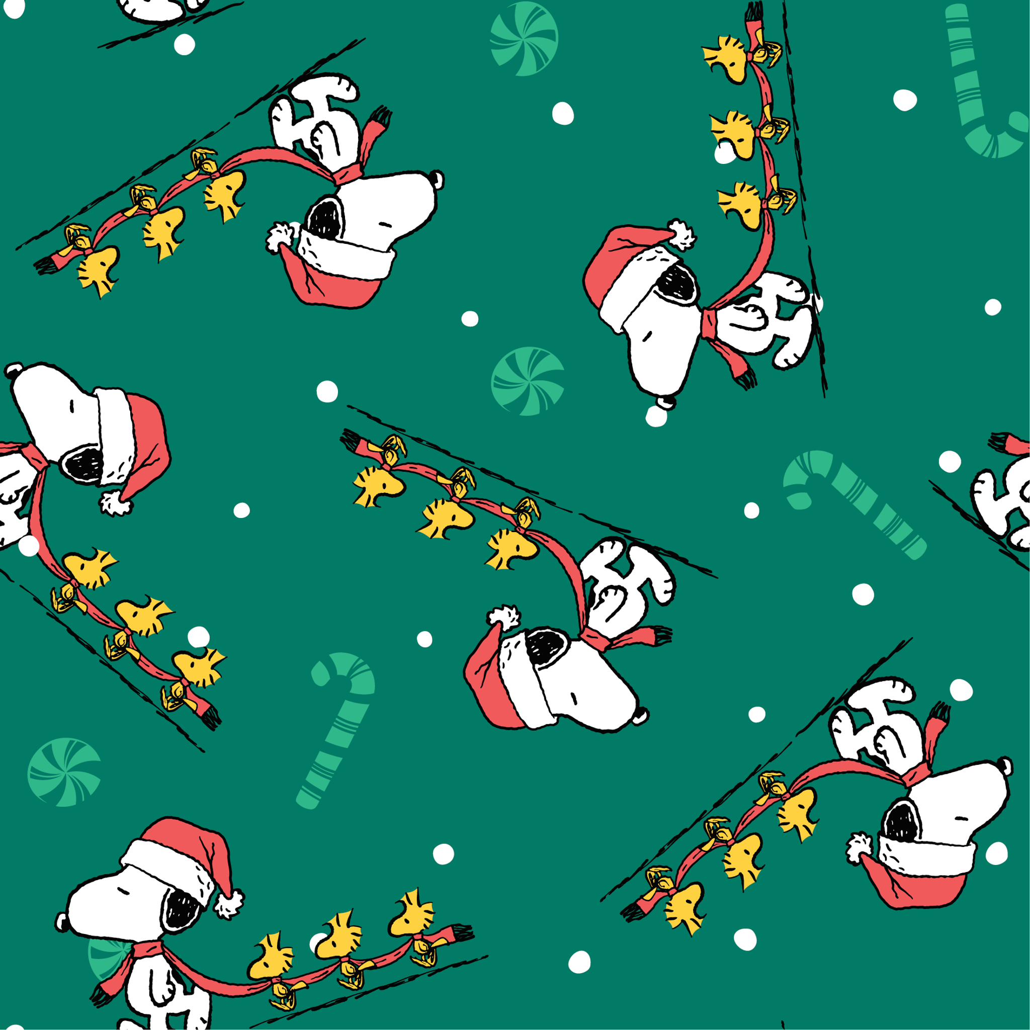 Holiday pattern with Snoopy in Santa hats pulling sleds of stars on green background with candy canes and snowflakes tiled preview square