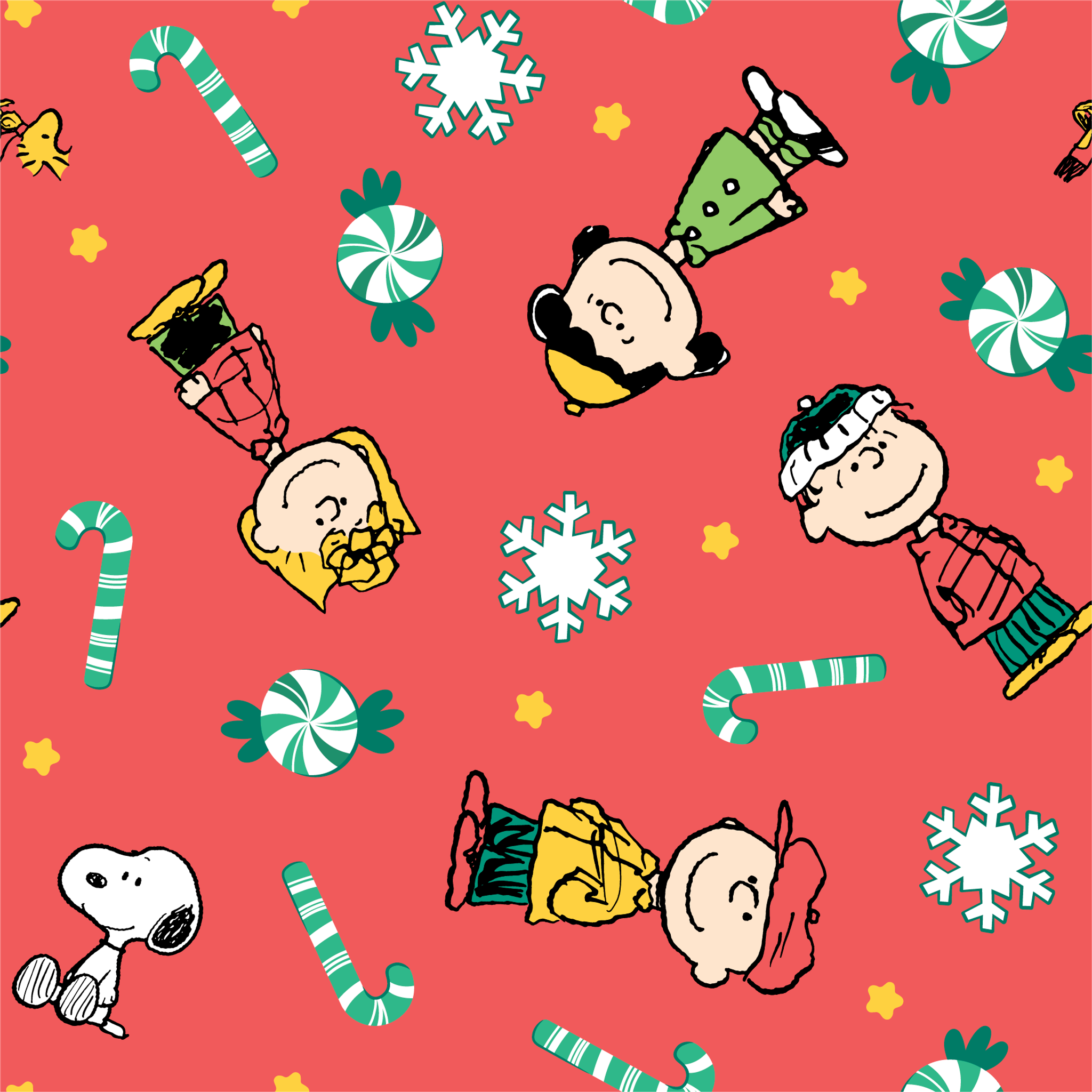 Festive Peanuts cartoon pattern with Charlie Brown characters, candy canes, snowflakes, and peppermints on red background tiled preview square