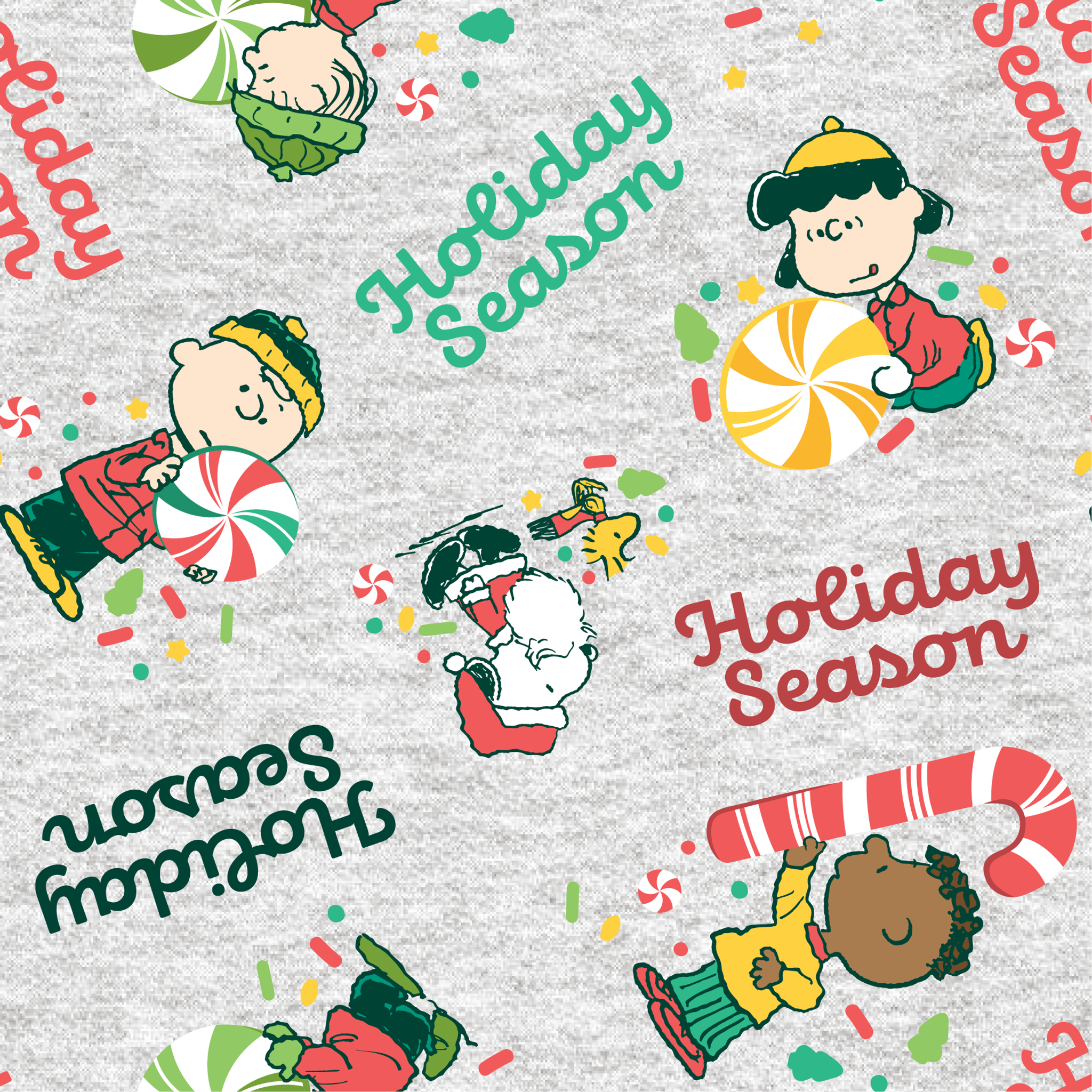 Festive Peanuts characters with candy canes and peppermints on gray background with "Holiday Season" text tiled preview square