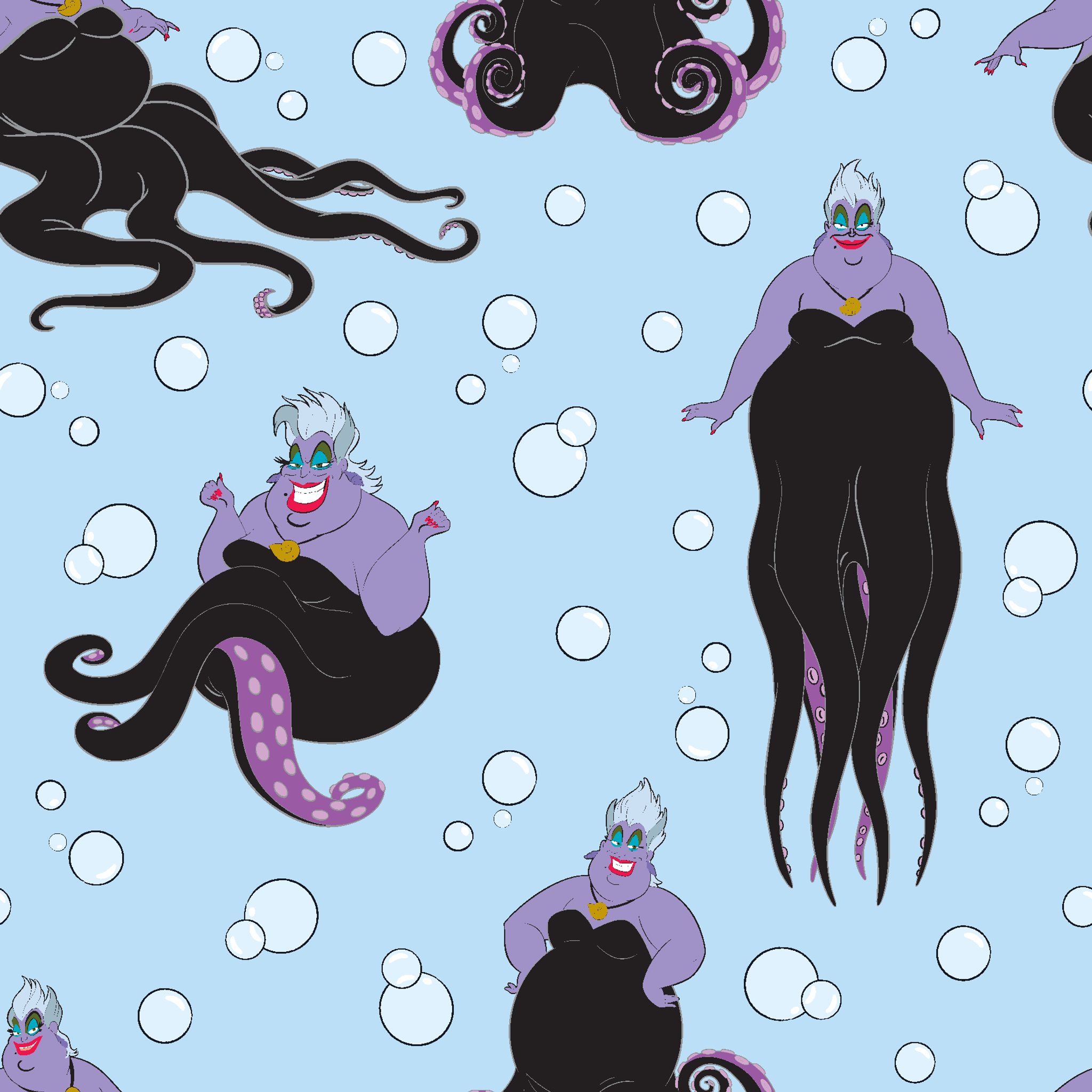 Ursula with black tentacles swimming in a light blue underwater scene with white bubbles tiled preview square