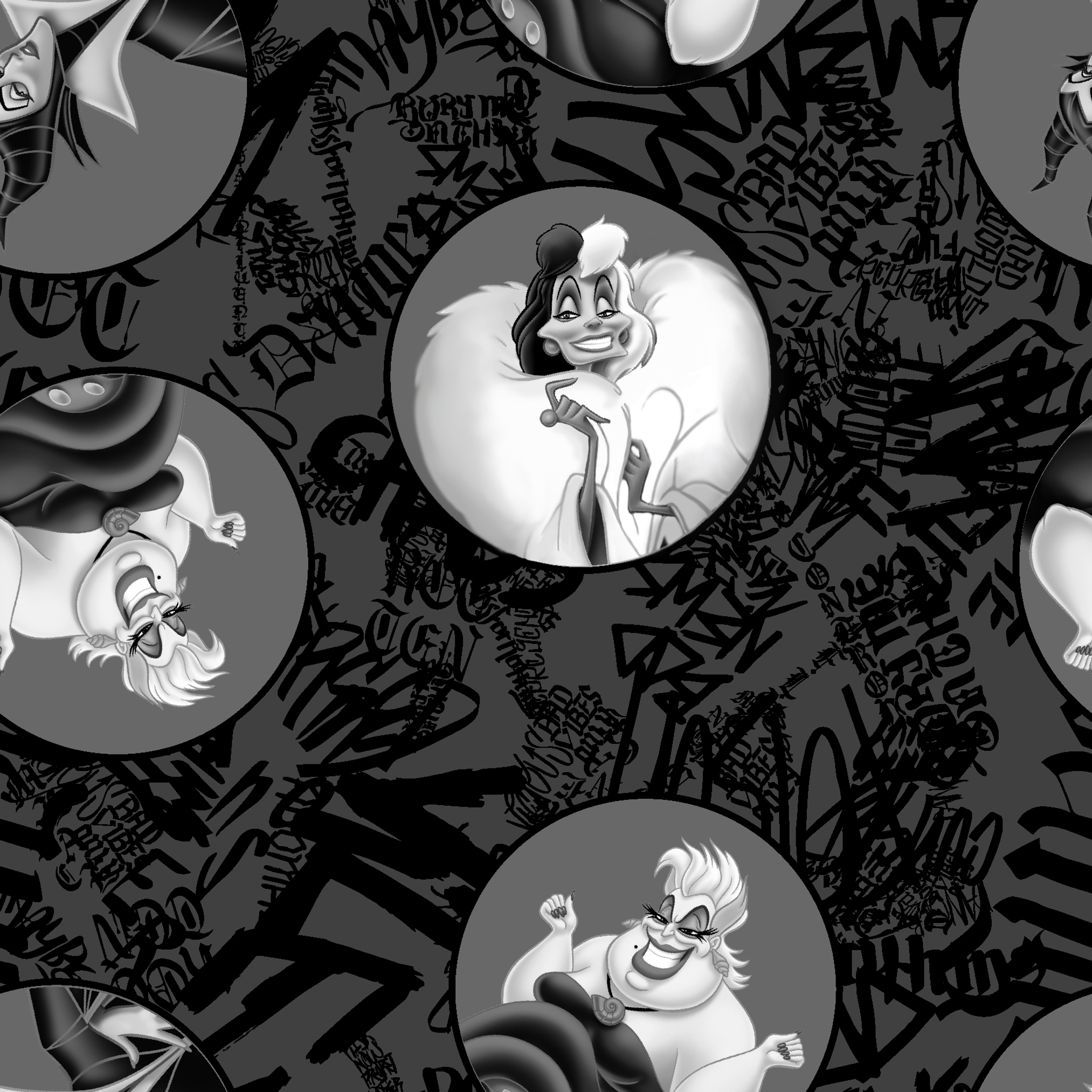 Cartoon character with tentacle-like hair in circular medallions on dark background with graffiti-style text tiled preview square