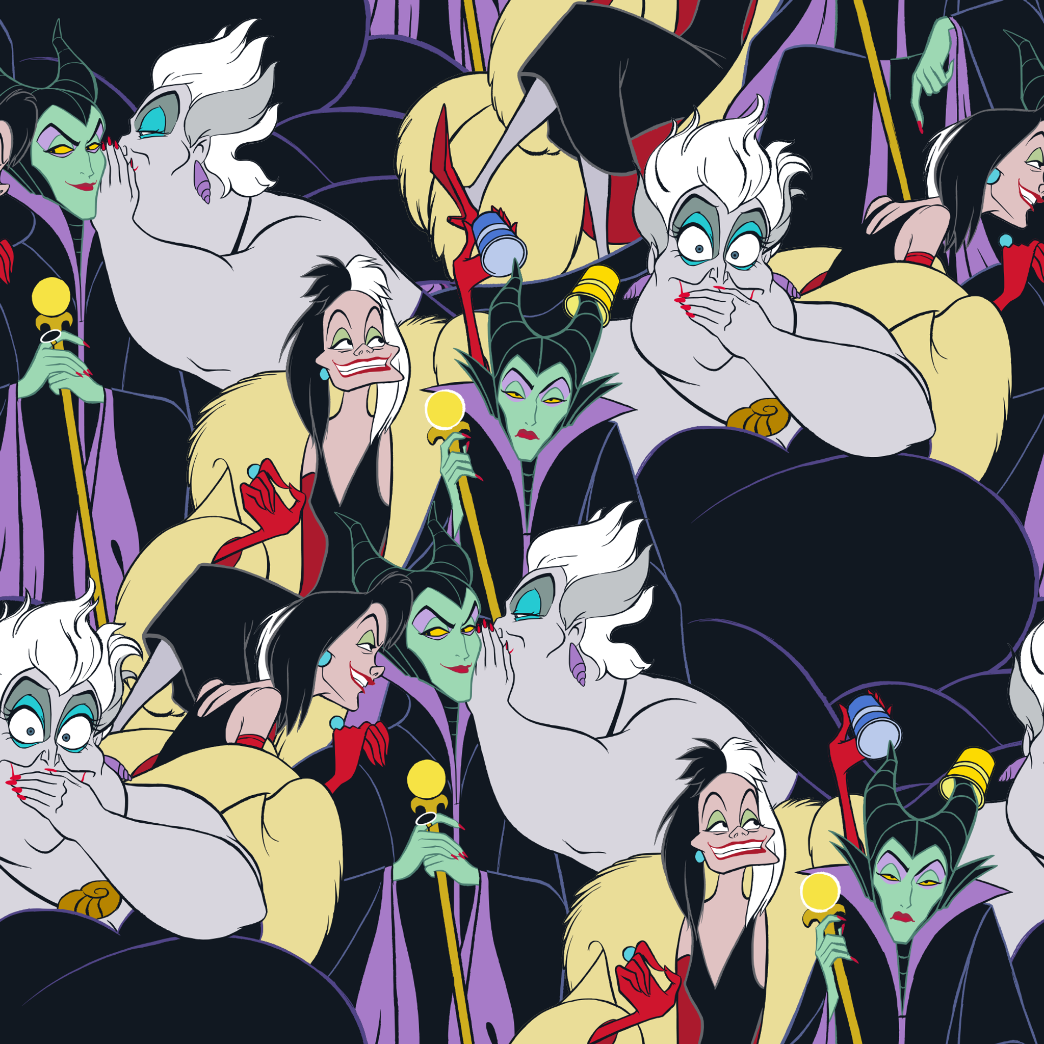 Colorful pattern of Disney villains including Ursula, Maleficent, and Cruella de Vil on dark background tiled preview square