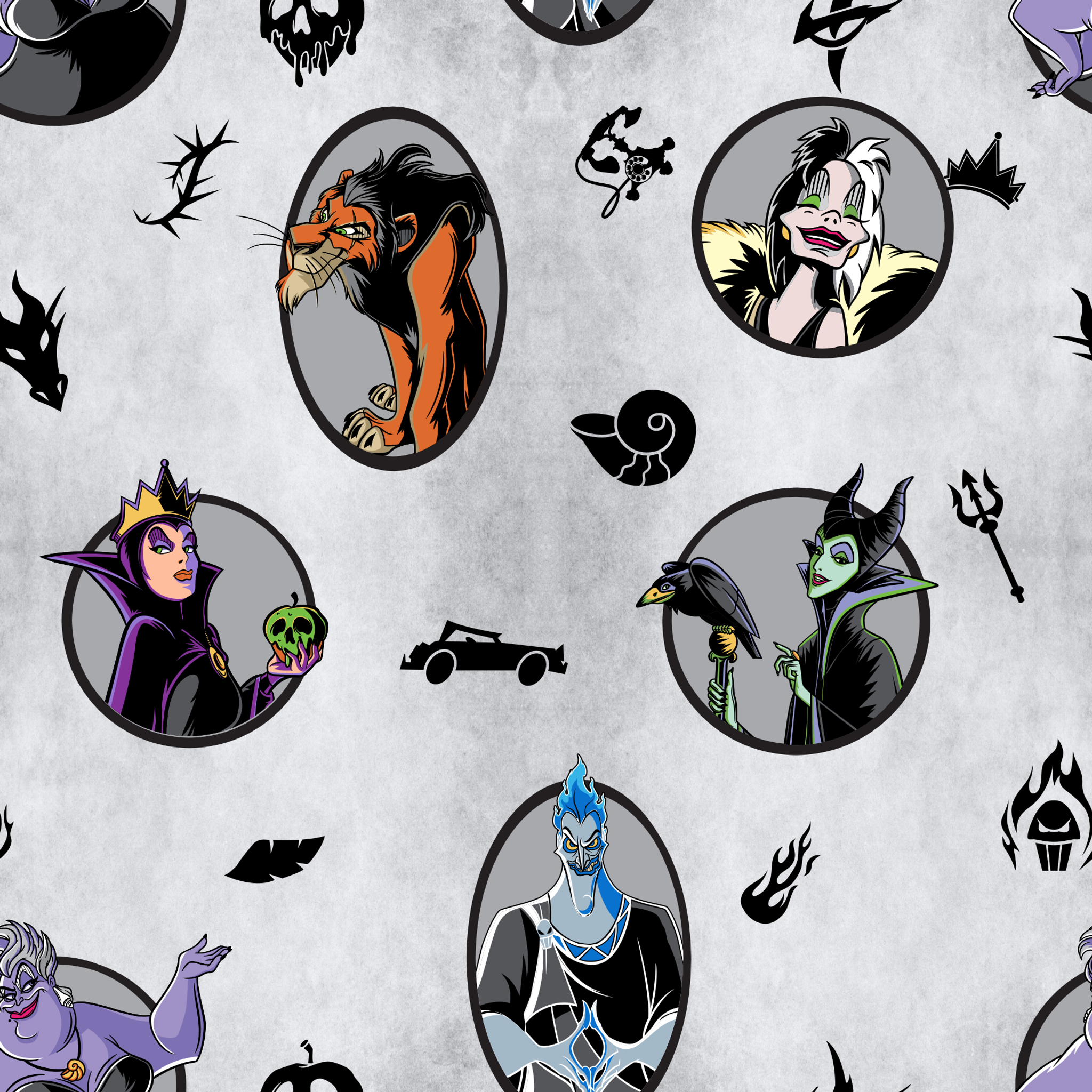 Disney villain characters in circular portraits on a gray background with spooky silhouette symbols tiled preview square