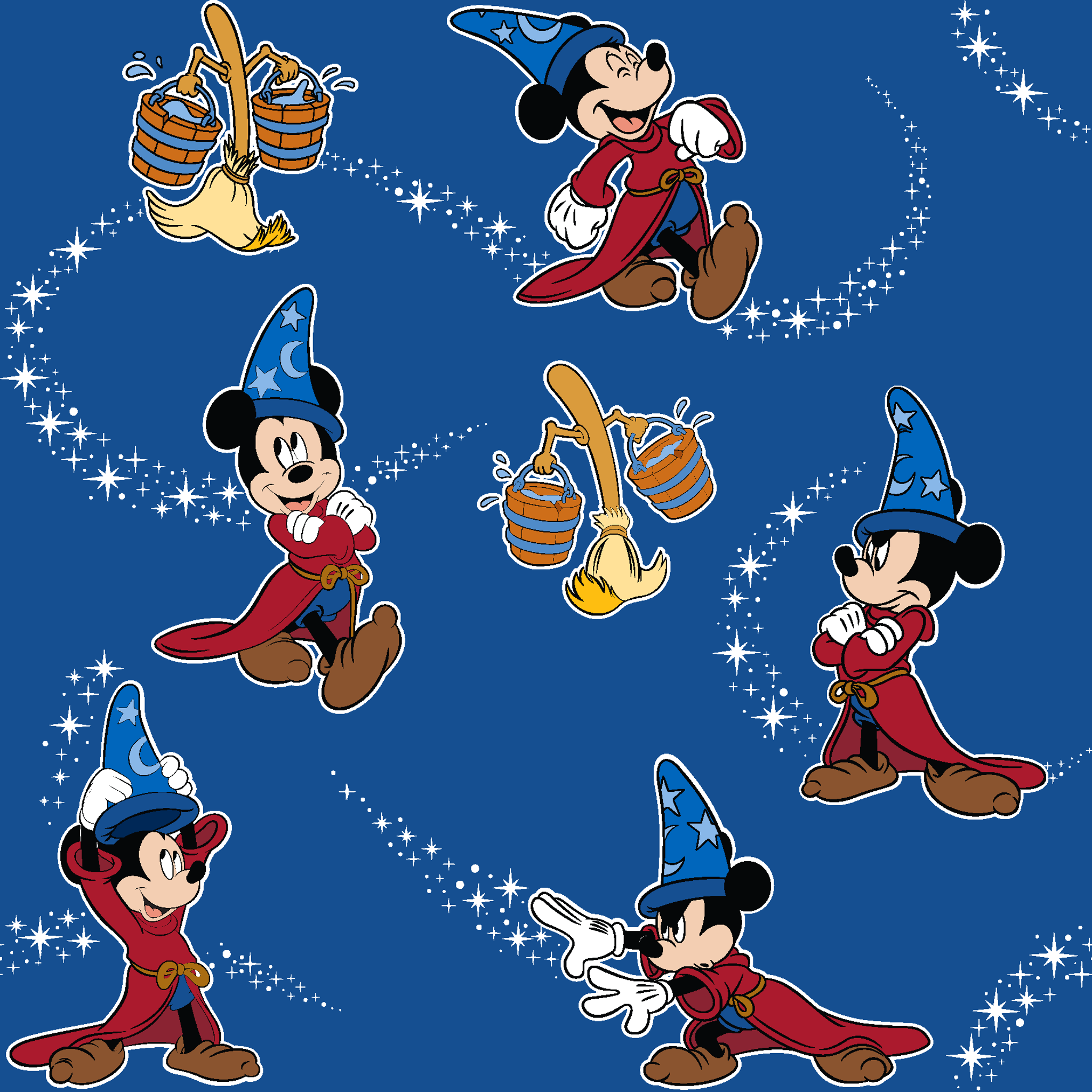 Mickey Mouse as Fantasia's Sorcerer's Apprentice in various poses with magic stars on blue background. tiled preview square
