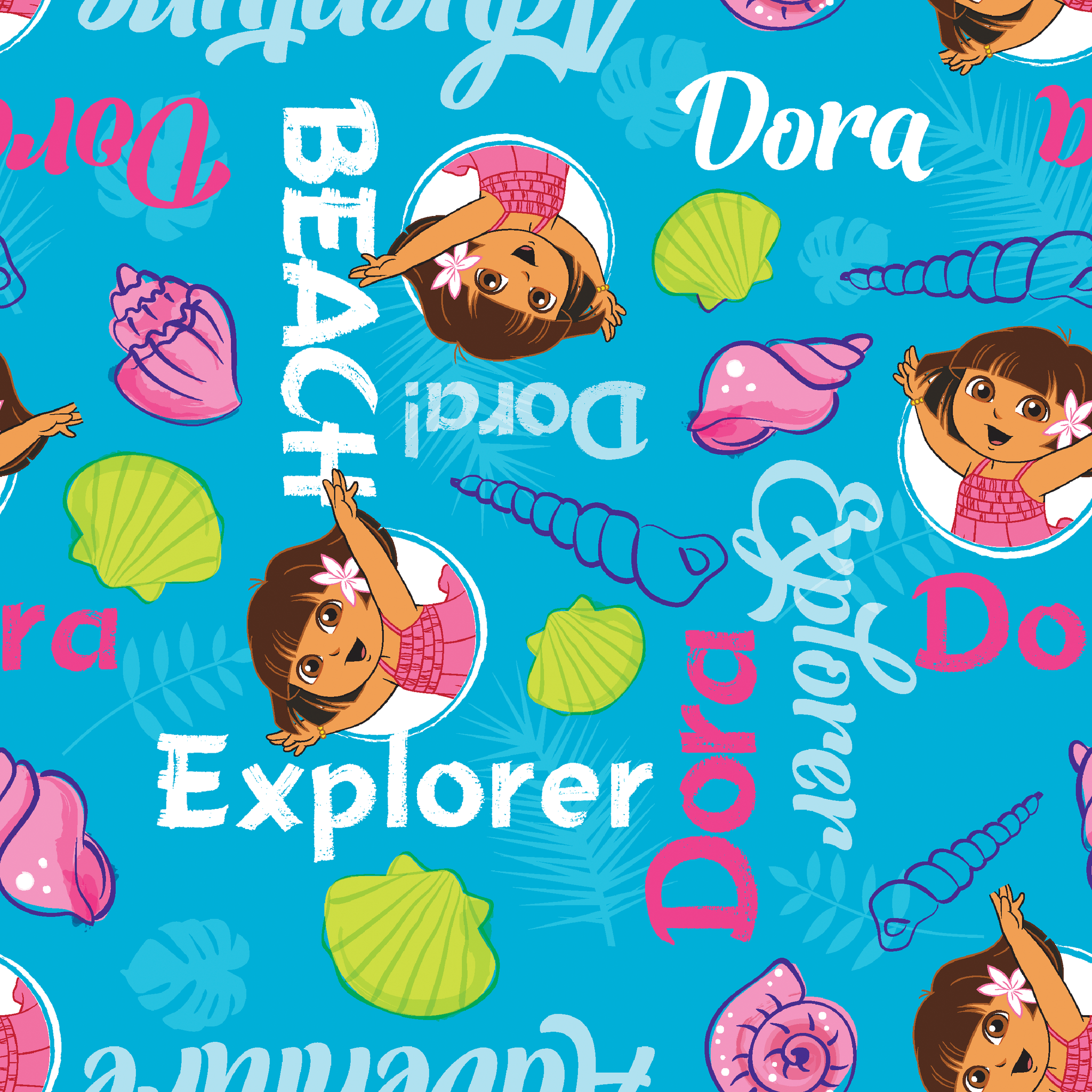 Bright blue pattern featuring Dora the Explorer cartoon character with seashells and "Beach Explorer" text tiled preview square