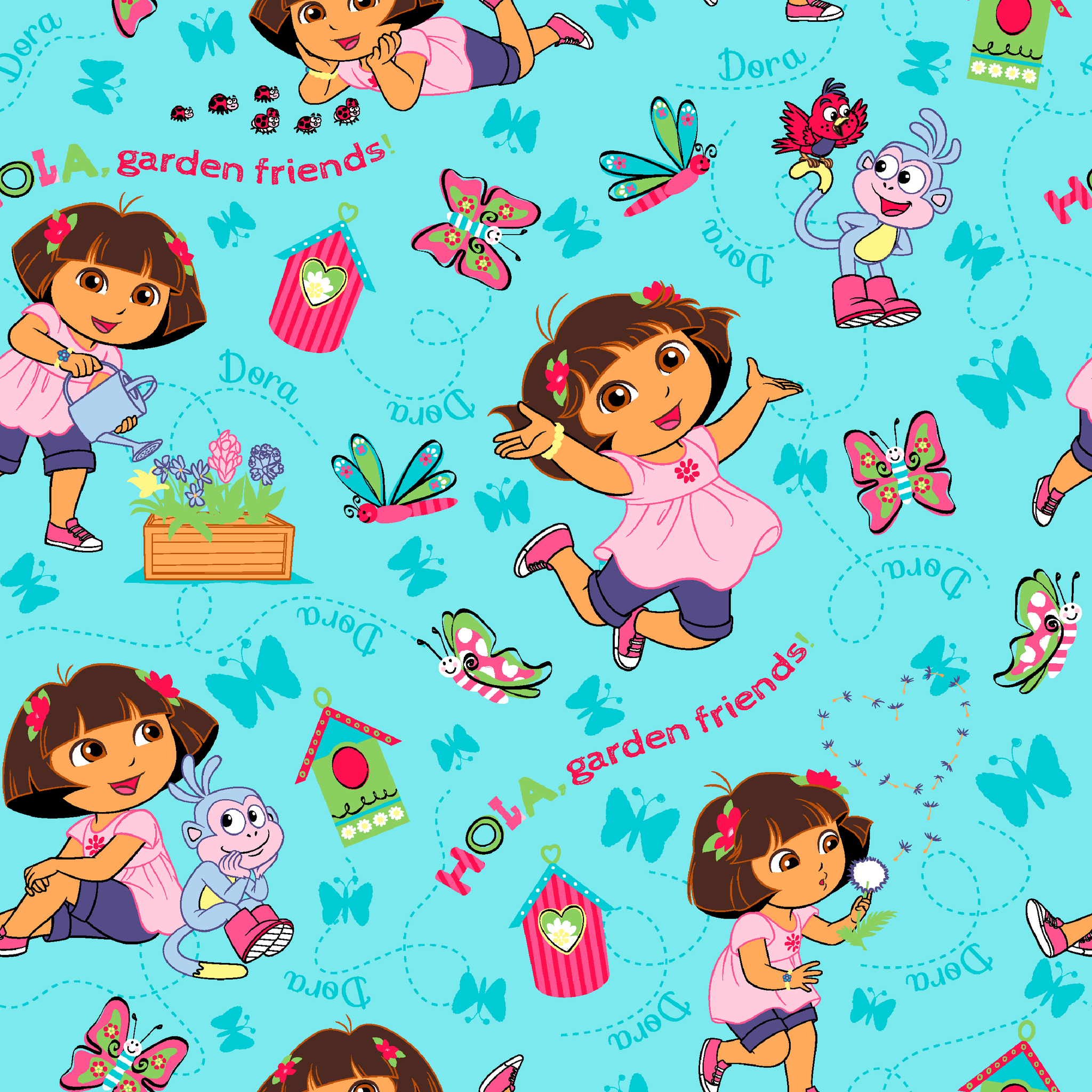 Colorful Dora the Explorer pattern on light blue background tiled preview square