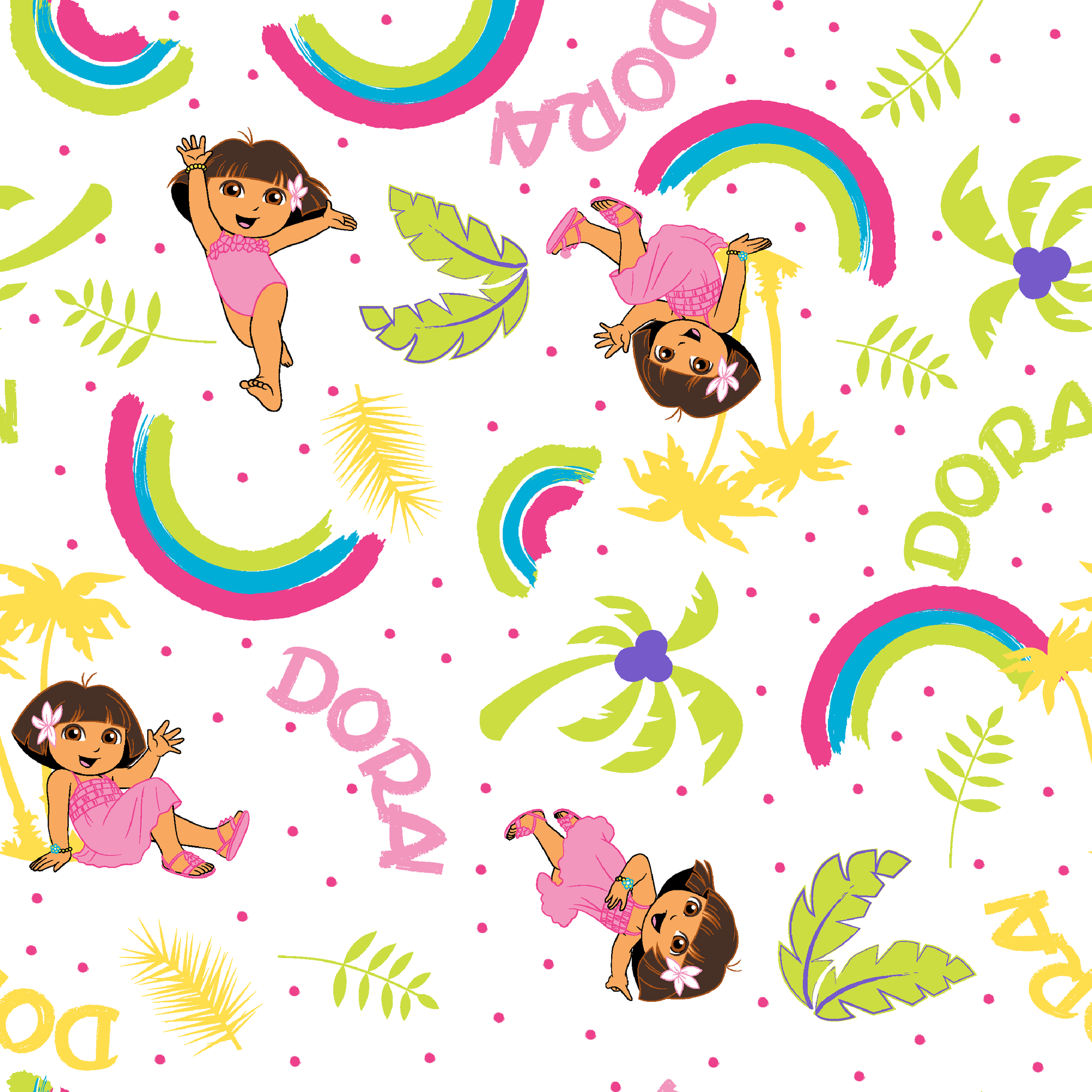 Cartoon pattern with colorful rainbows, Dora the Explorer characters, green leaves, and yellow leaves on white background tiled preview square