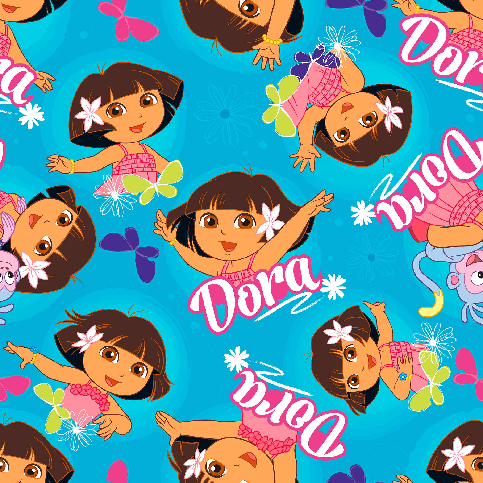Bright blue pattern with cartoon character Dora, flowers, and "Dora" text repeated throughout tiled preview square