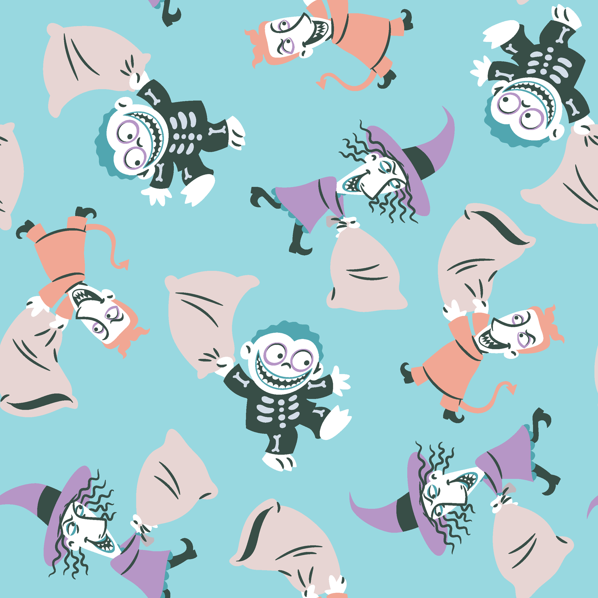 Whimsical pattern of cartoon characters in Halloween costumes on light blue background tiled preview square