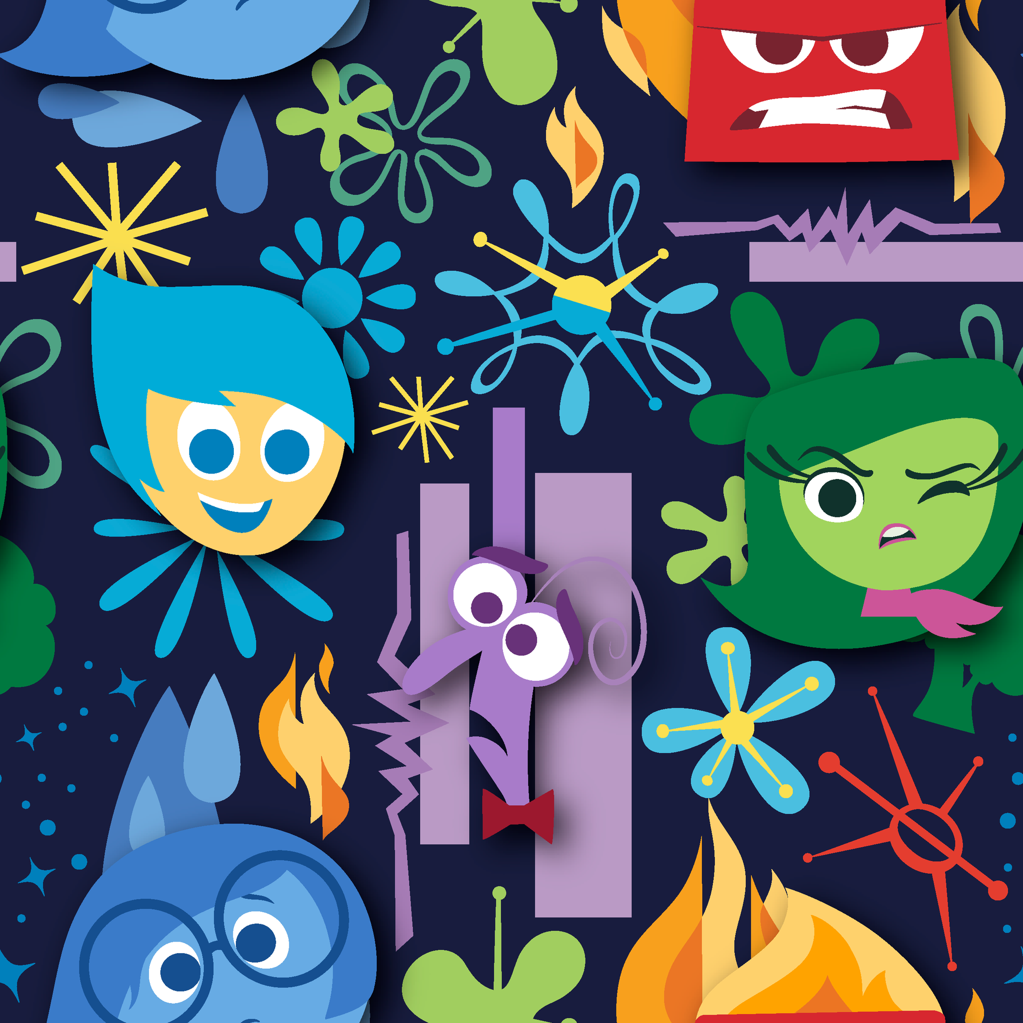 Colorful Inside Out characters with blue, red, green faces and abstract shapes on dark background tiled preview square