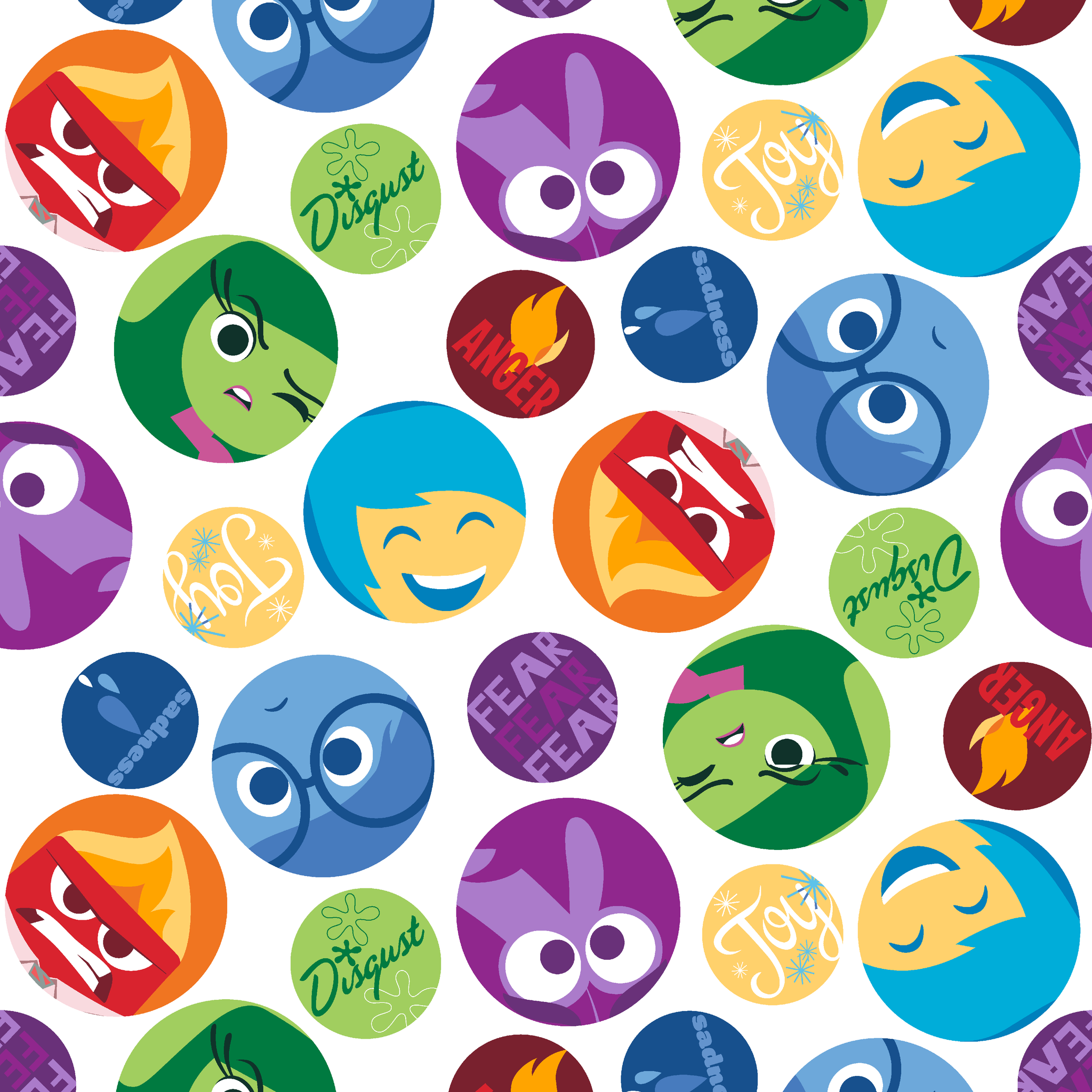 Colorful Inside Out character circles with various expressions in purple, green, blue, yellow, and red tiled preview square