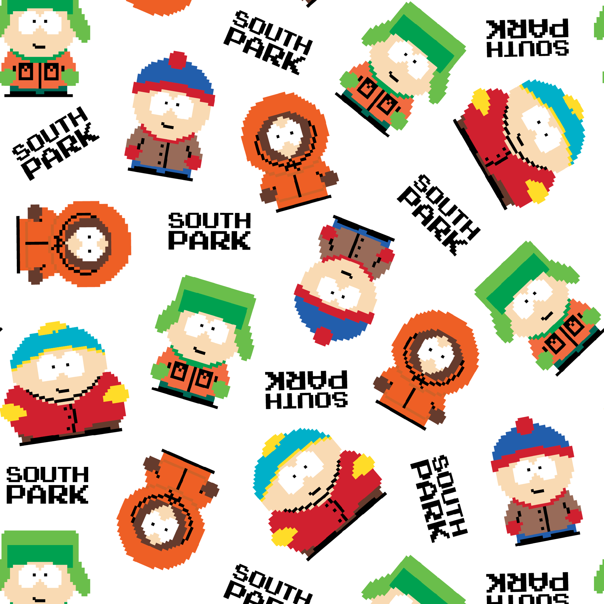 Pixel art versions of Stan, Kyle, Cartman, and Kenny with the South Park logo in black, tossed on a white background in various rotations. tiled preview square