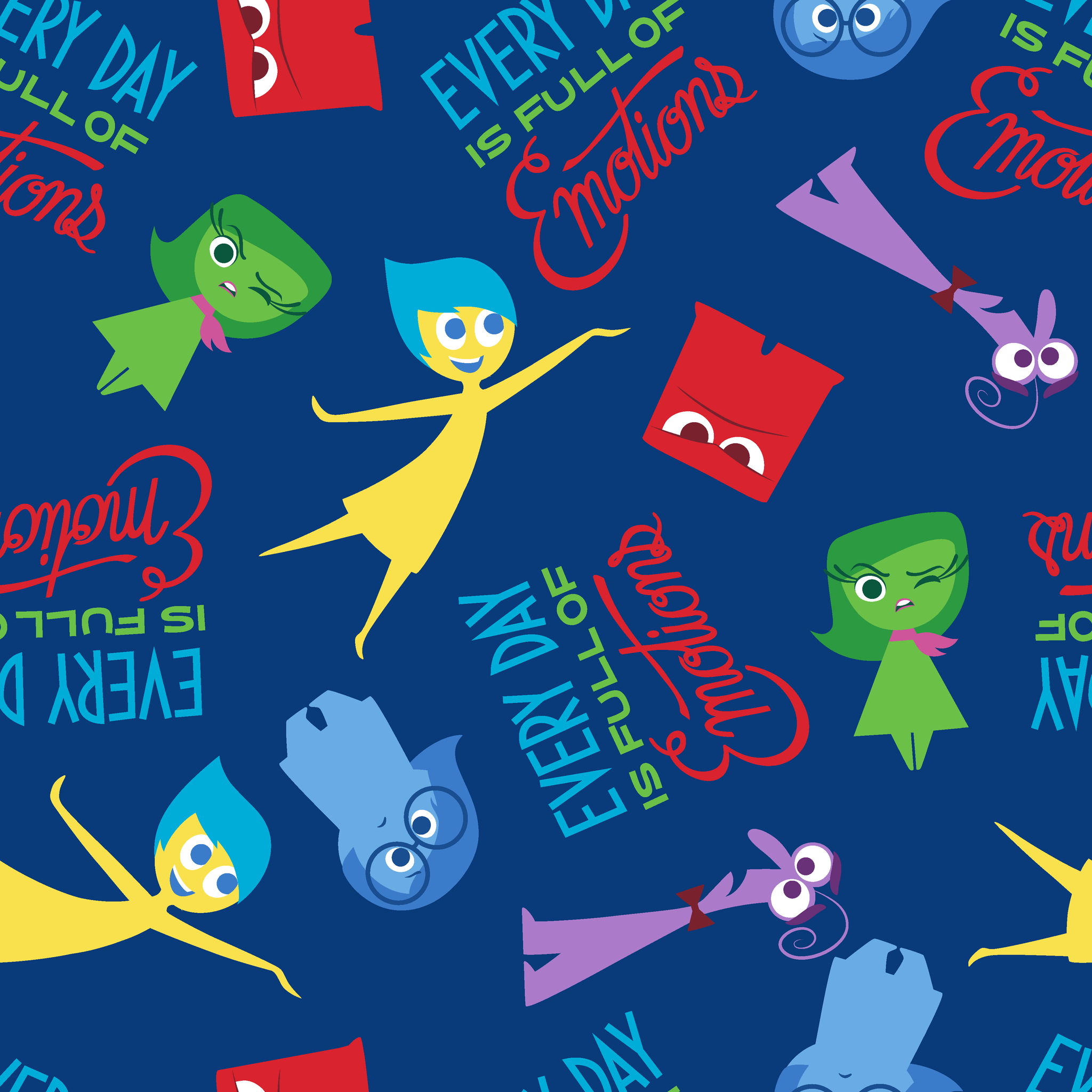 Colorful cartoon character pattern on blue background with characters from Inside Out movie and text phrases tiled preview square