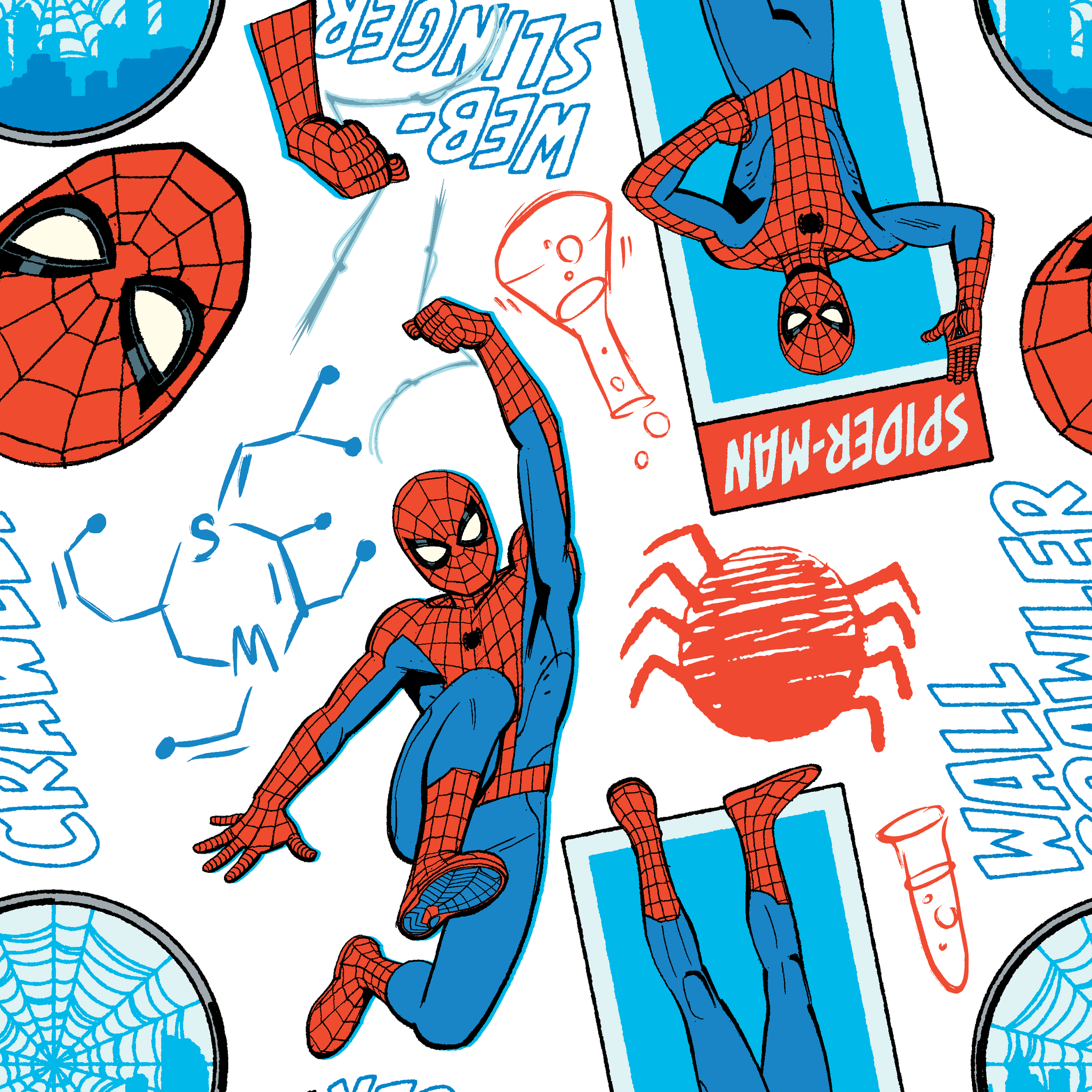 Comic-style Spider-Man pattern with red and blue figures in various poses, spider symbols, and text on white background tiled preview square